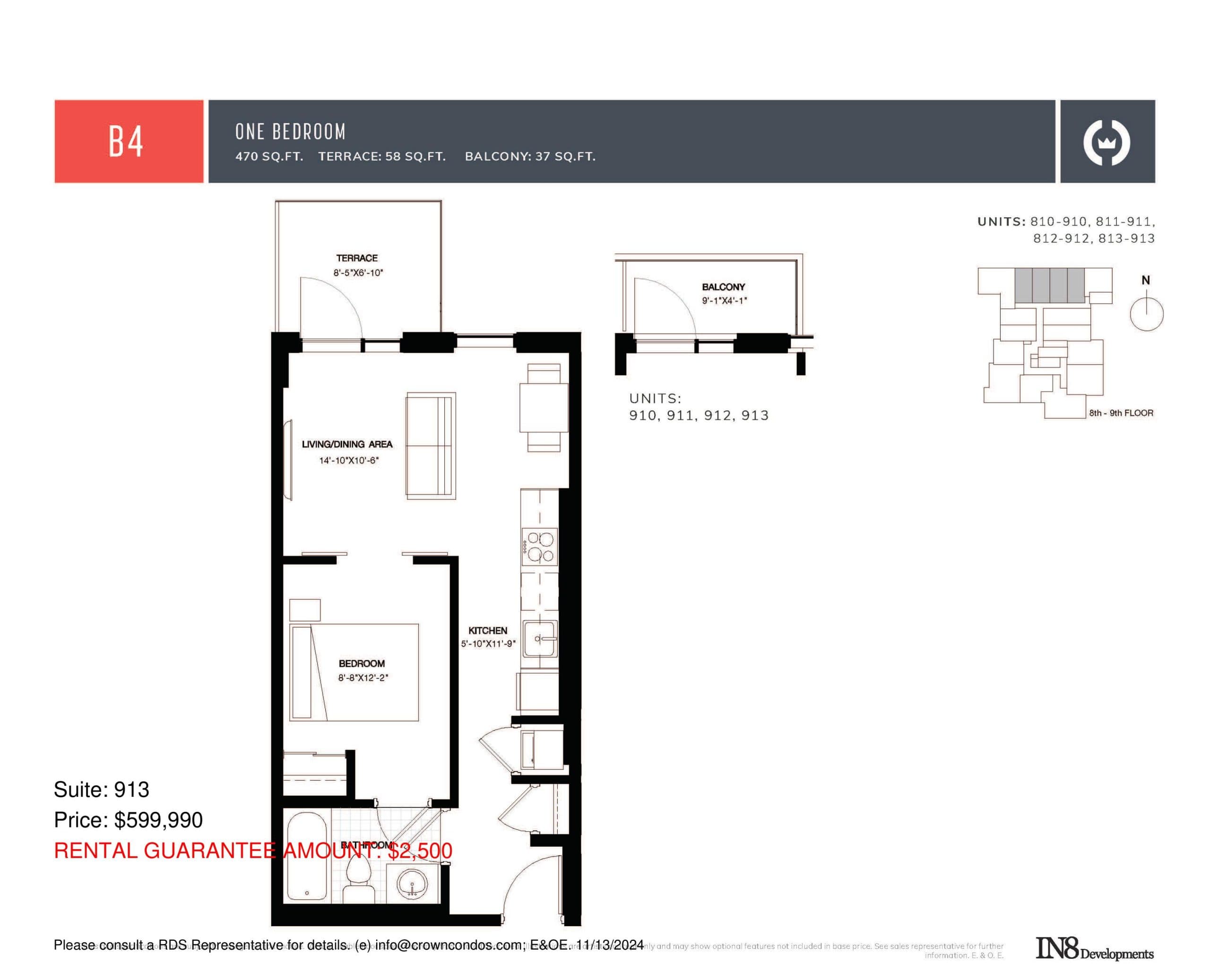 B4 Floor Plan at Crown Condos by IN8 Developments - 470 sq.ft