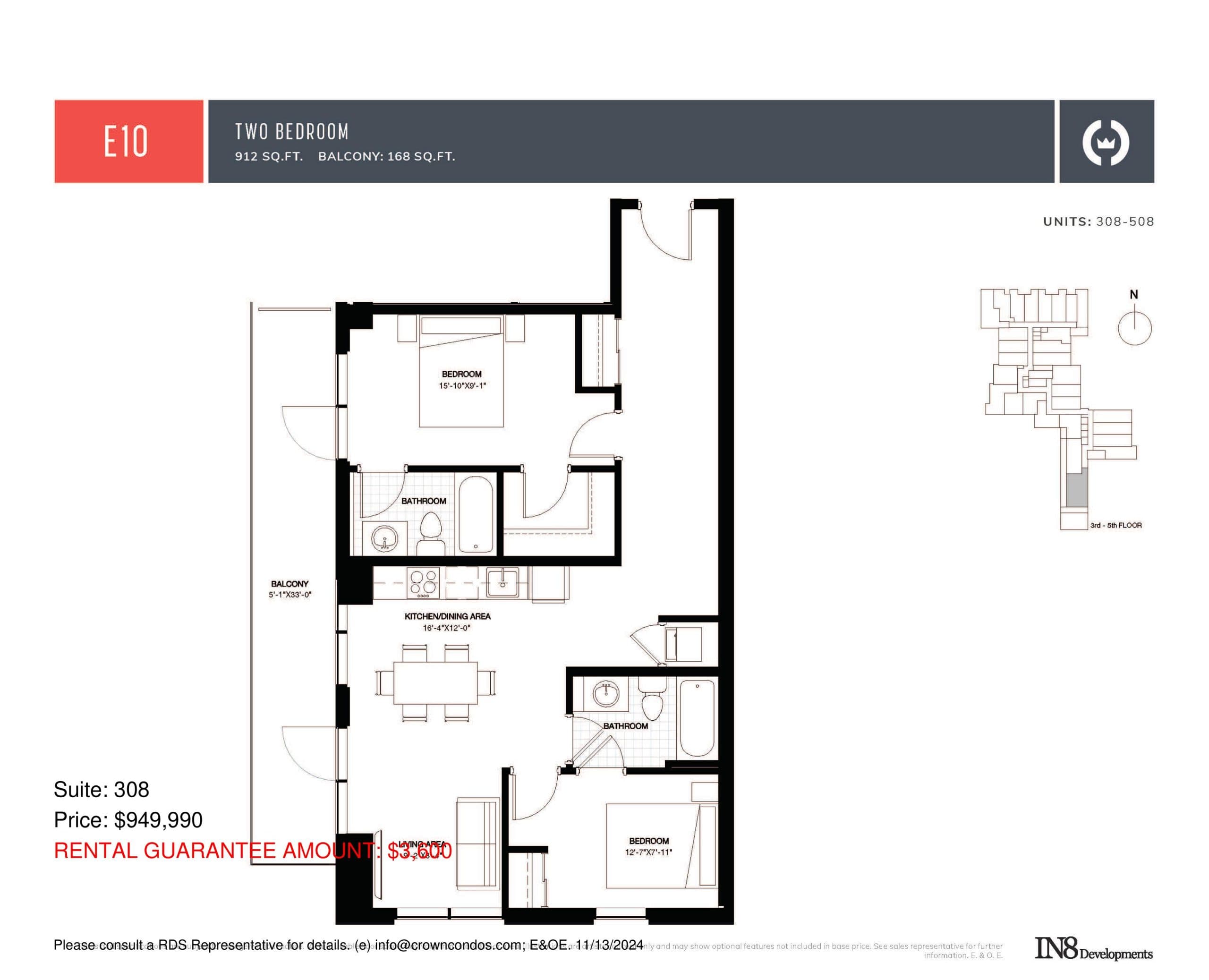 E10 Floor Plan at Crown Condos by IN8 Developments - 912 sq.ft