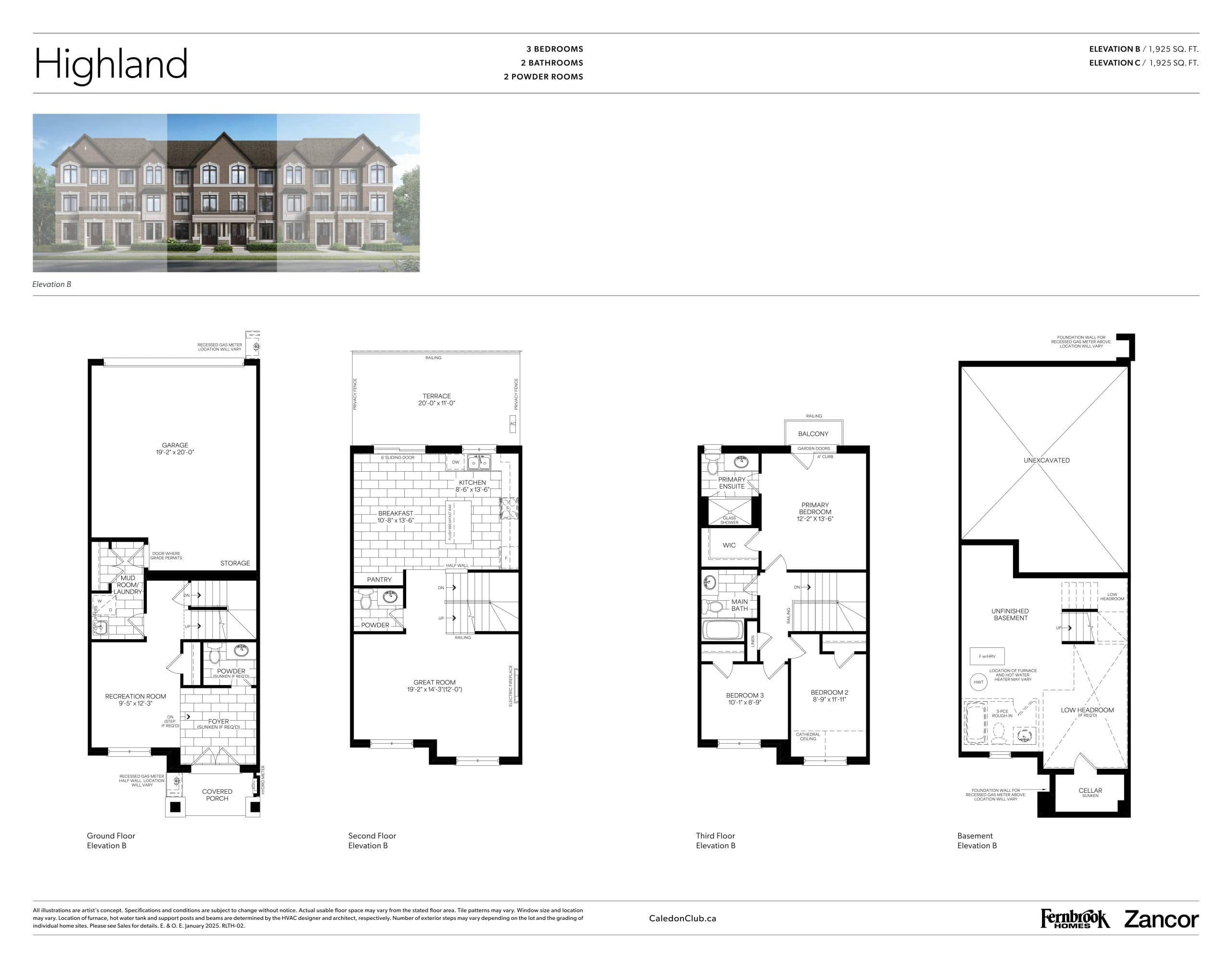 Highland - Elevation B Floor Plan at Caledon Club Towns - 1925 sq.ft