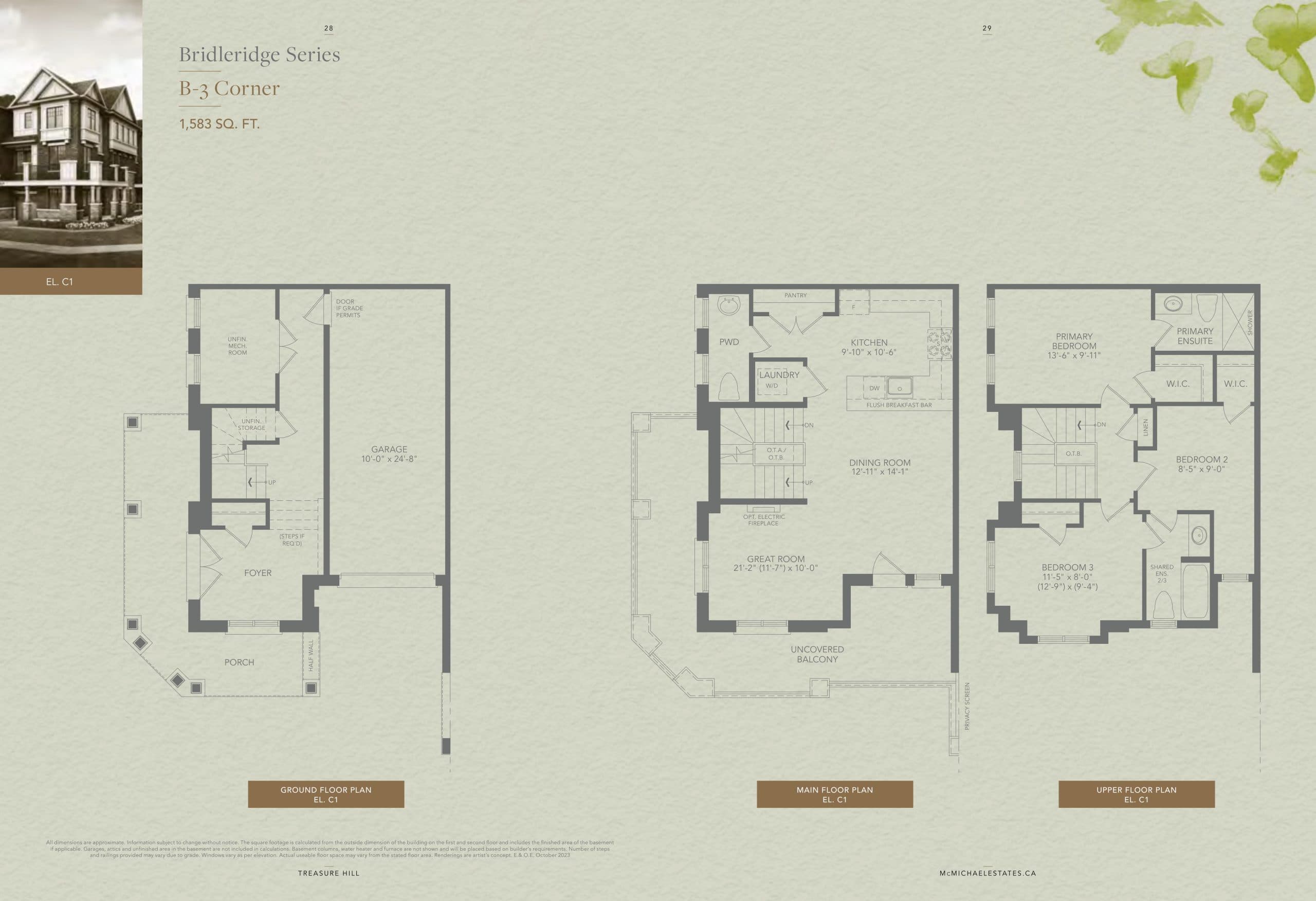 B-3 Corner (C1) Floor Plan at McMichael Estates - The Townhome Collection - 1583 sq.ft