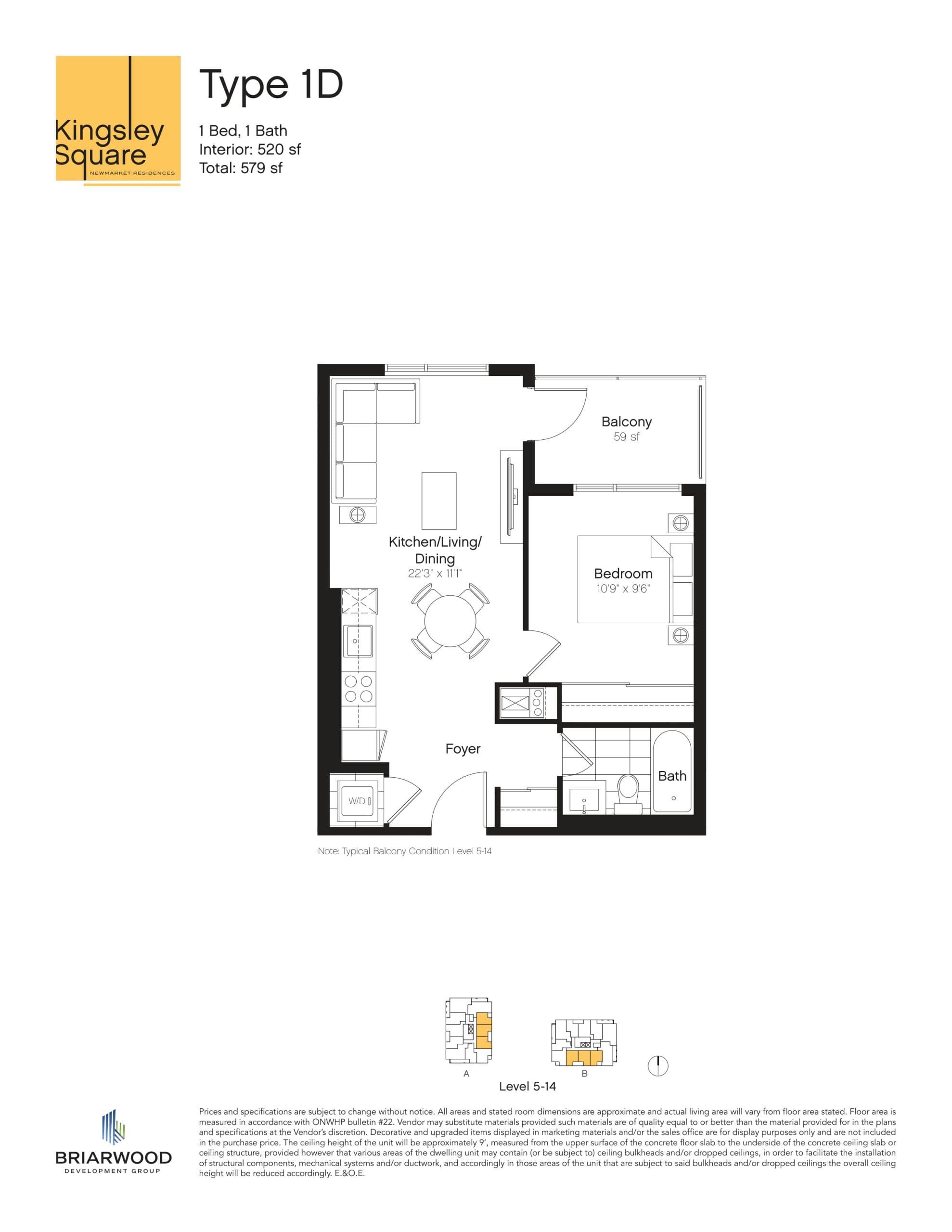 Type 1D Floor Plan at Kingsley Square Condos - 520 sq.ft