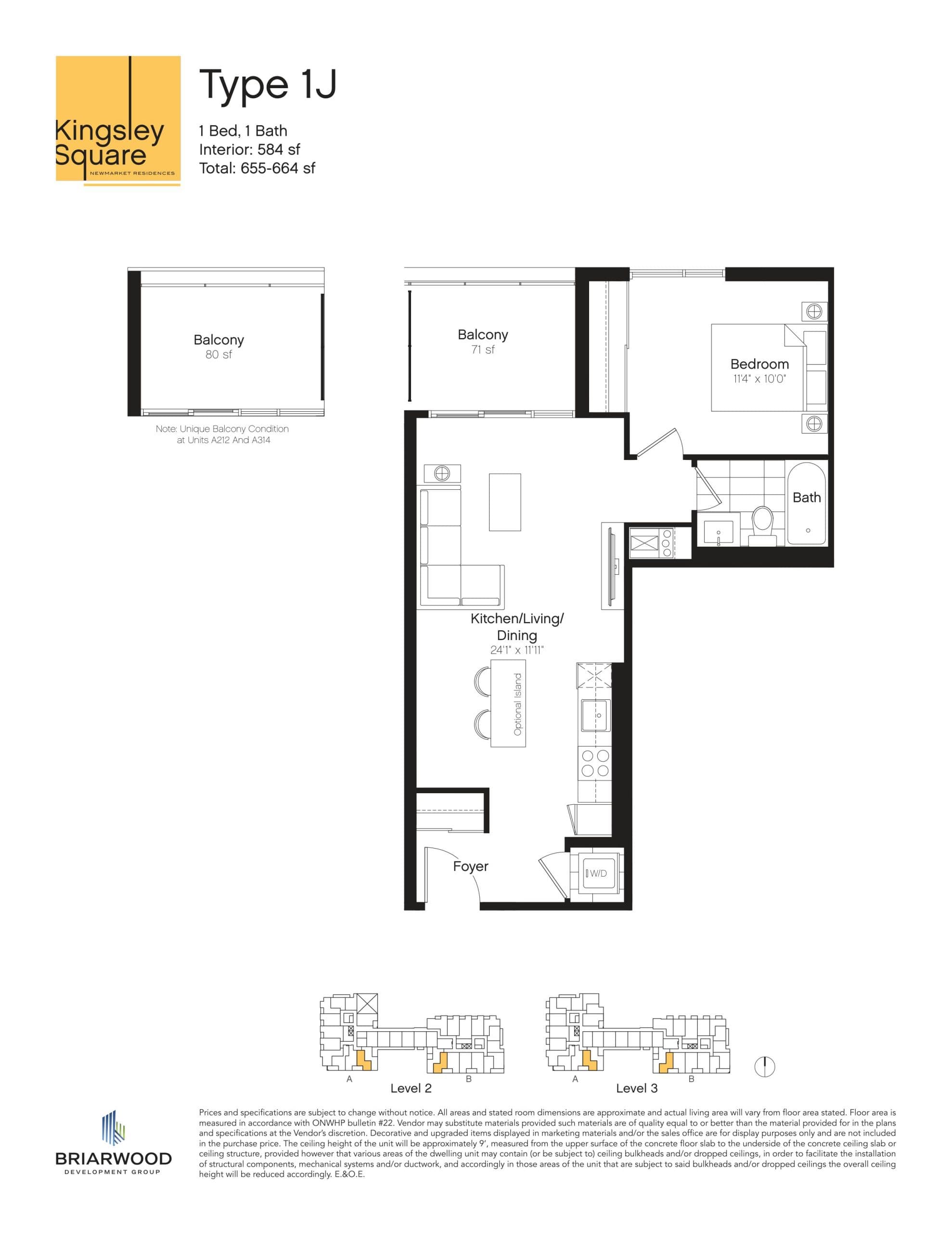 Type 1J Floor Plan at Kingsley Square Condos - 584 sq.ft