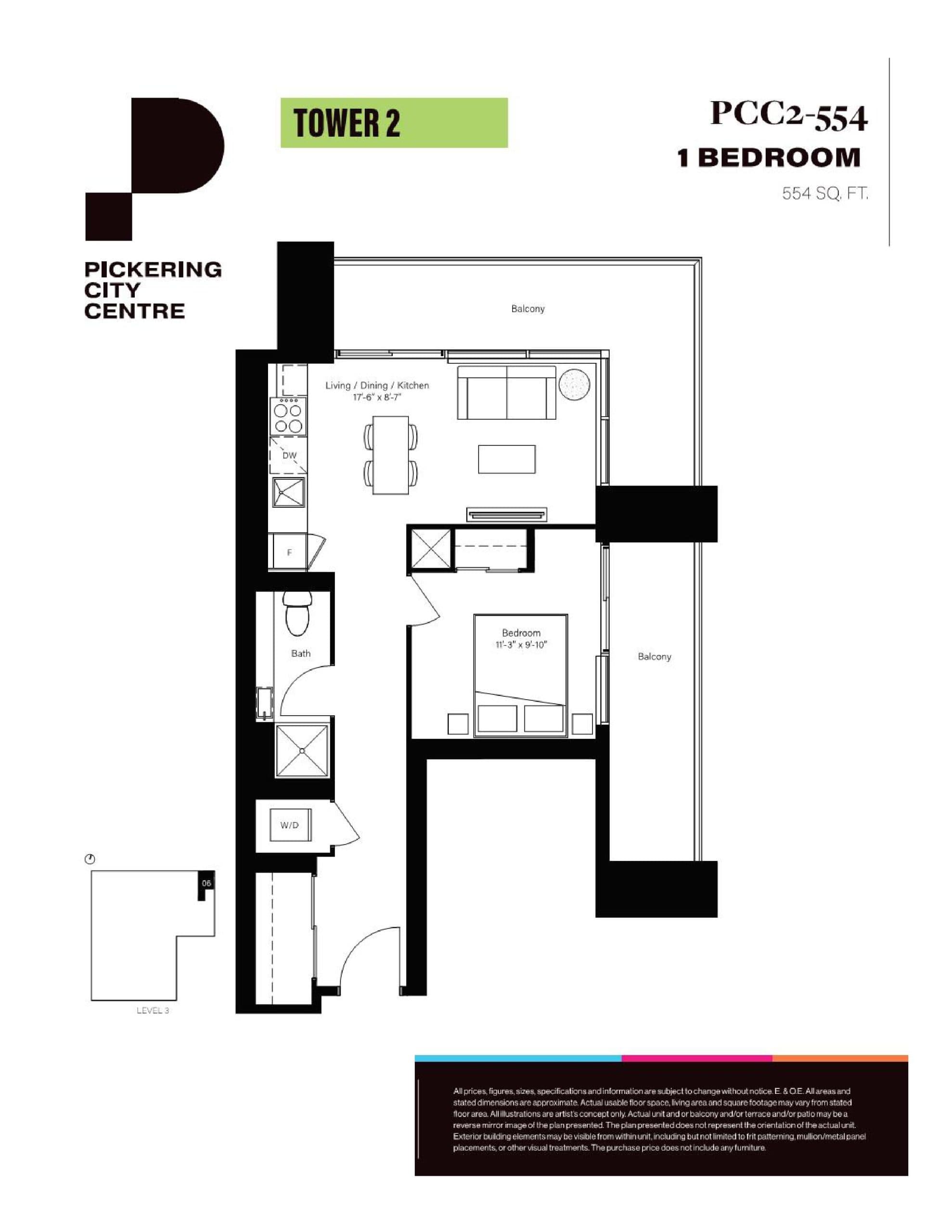 PCC2-554 Floor Plan at Pickering City Centre Tower 2 Condos - 554 sq.ft