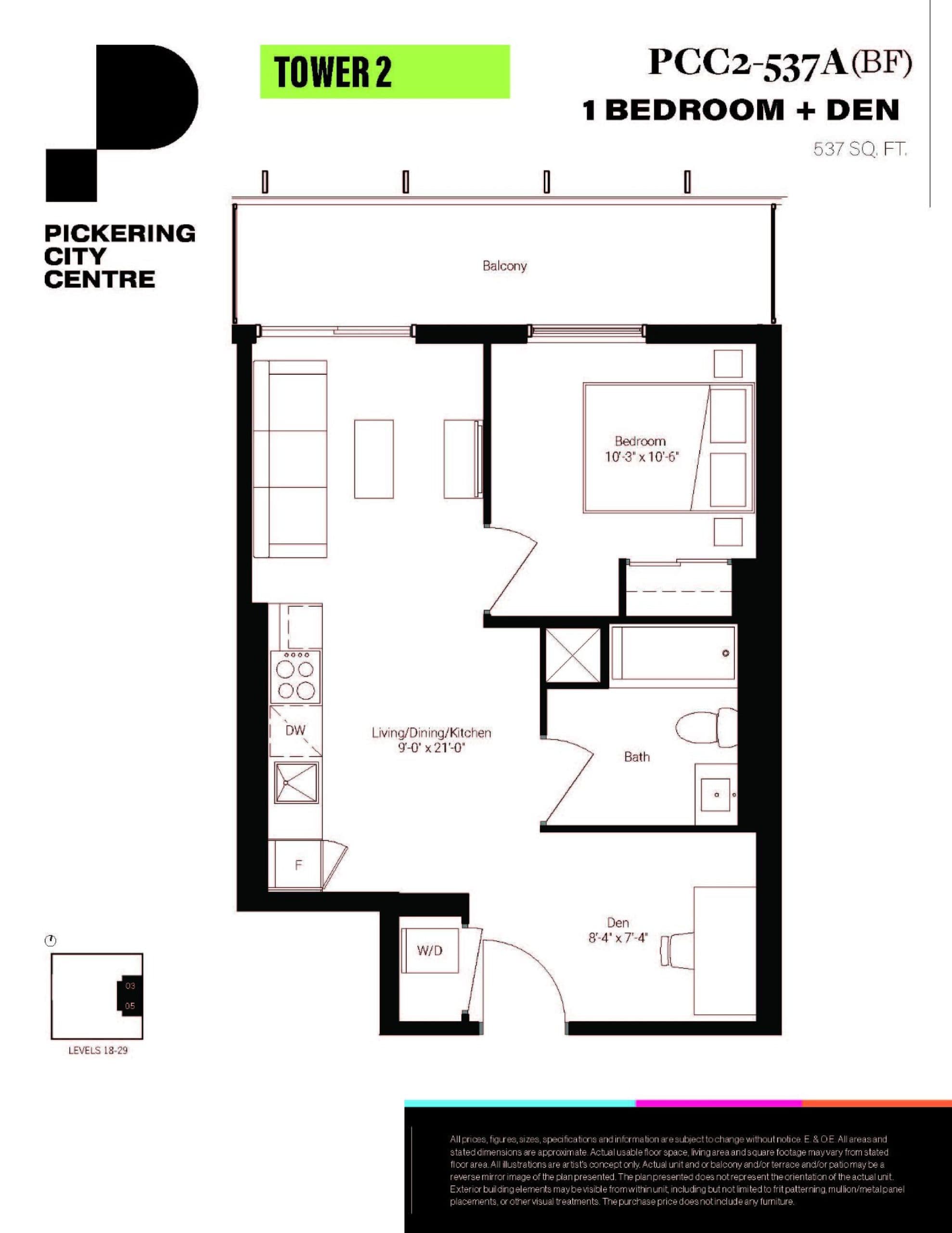 PCC2-537A (BF) Floor Plan at Pickering City Centre Tower 2 Condos - 537 sq.ft