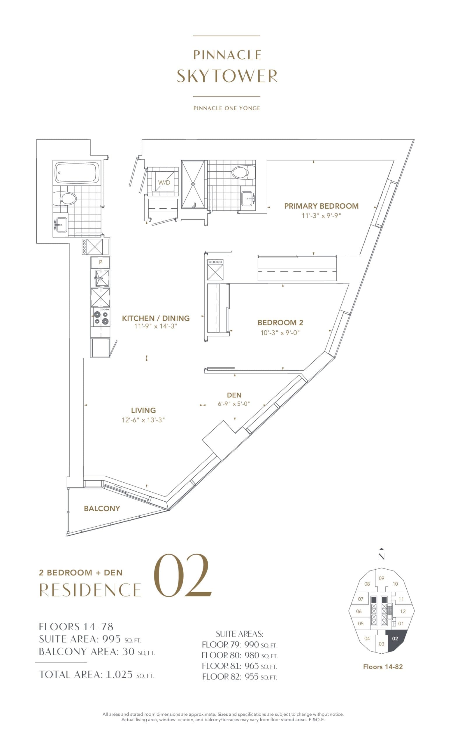 Residence 02 Floor Plan at SkyTower at Pinnacle One Yonge - 995 sq.ft