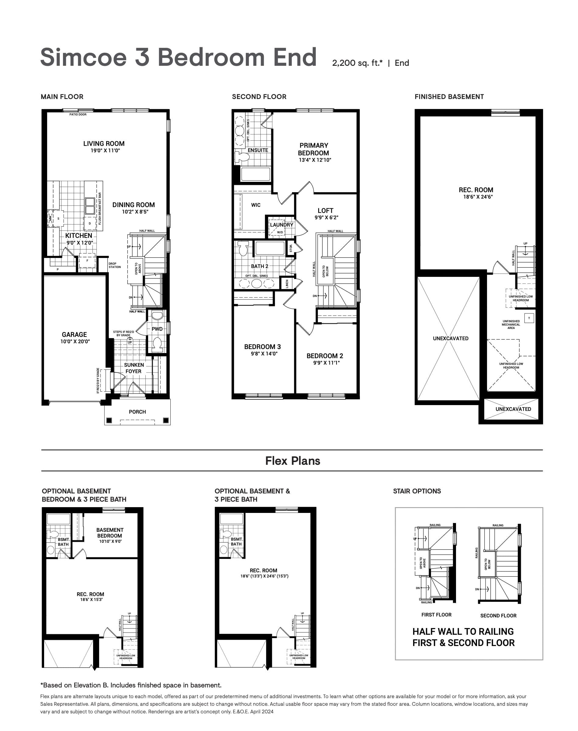 Simcoe End (3 bedroom) Floor Plan at Abbott's Run Towns - 2200 sq.ft