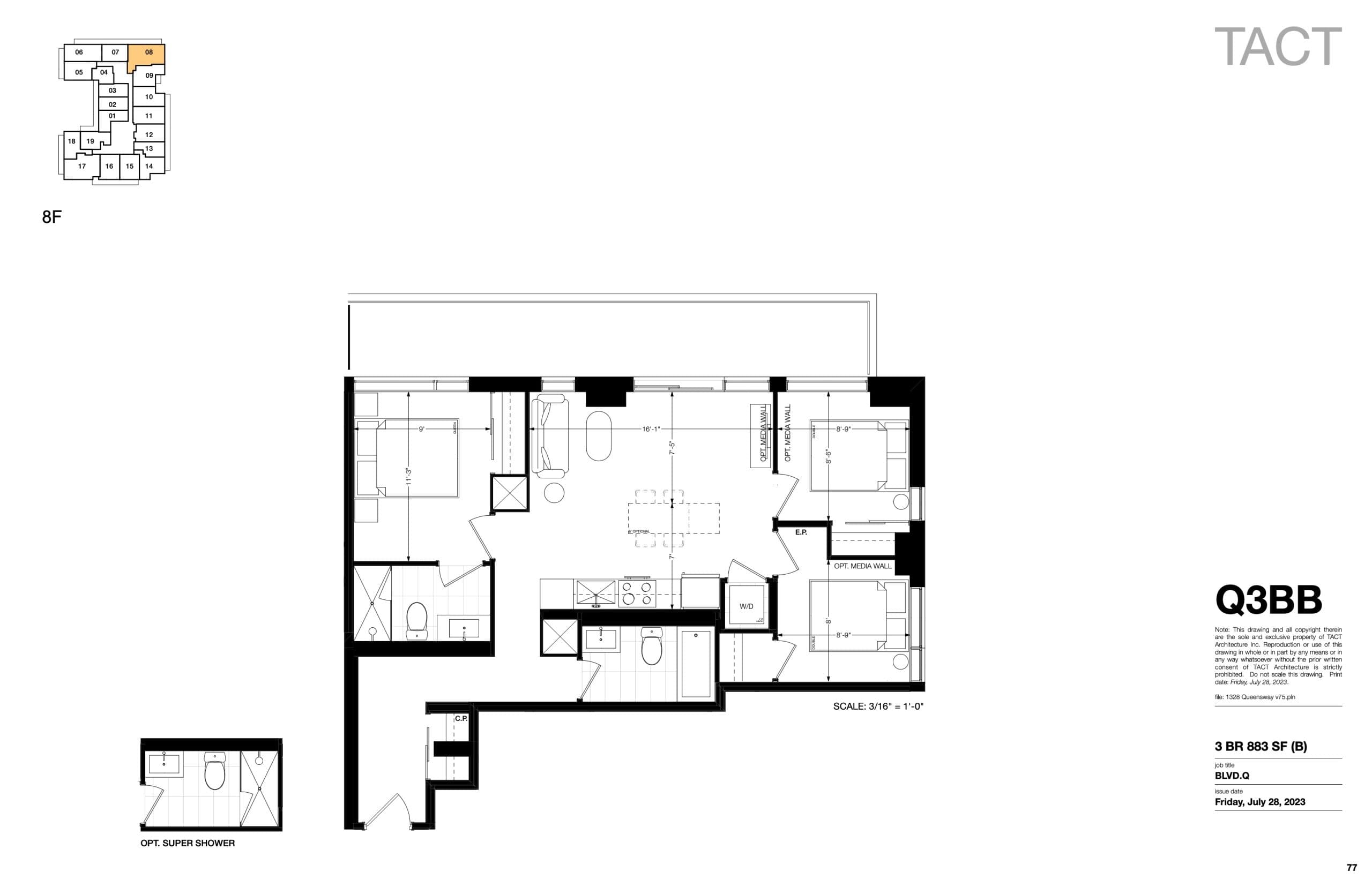 Q3BB (Balcony) Floor Plan at BLVD. Q - 883 sq.ft