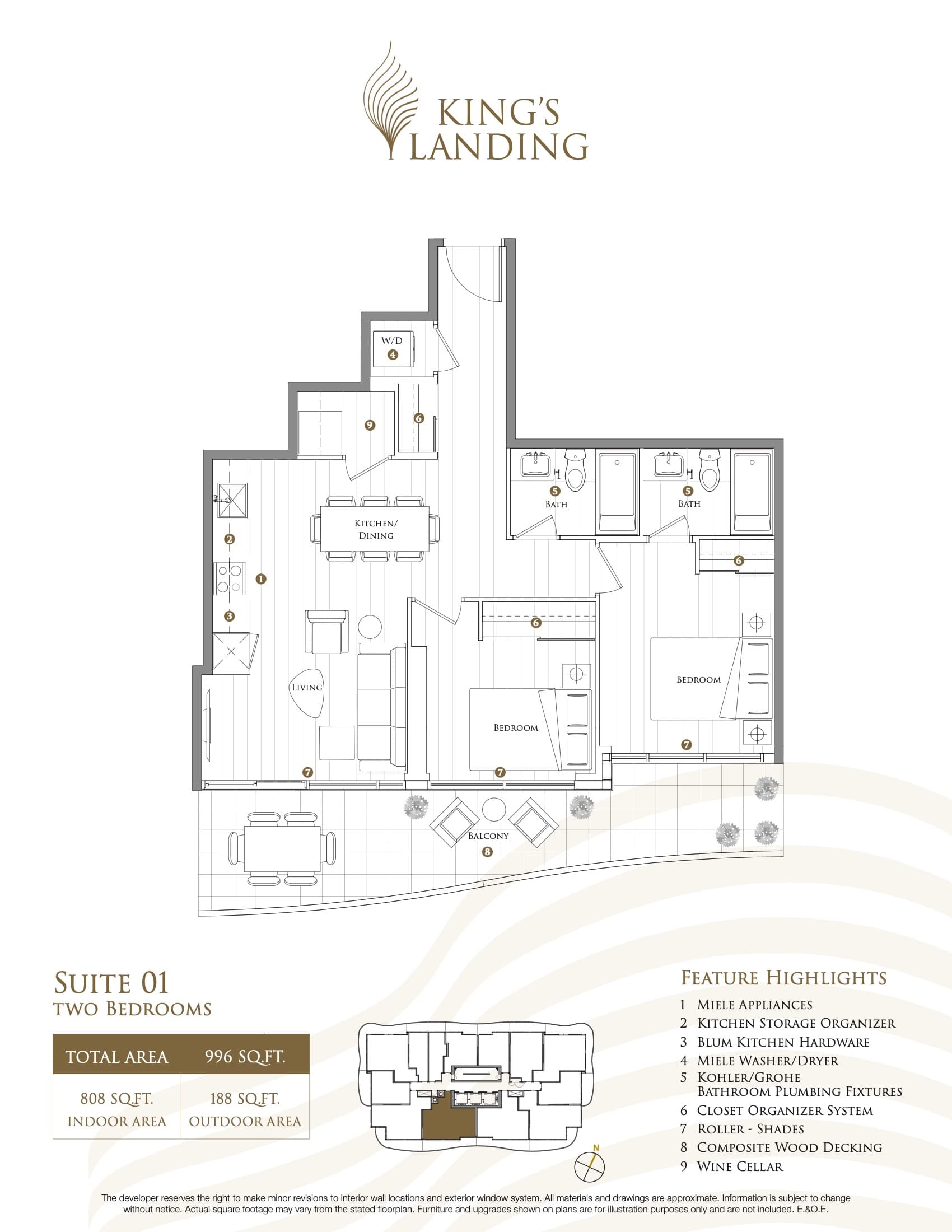 Suite 01 - East Tower Floor Plan at King's Landing Condos - 808 sq.ft