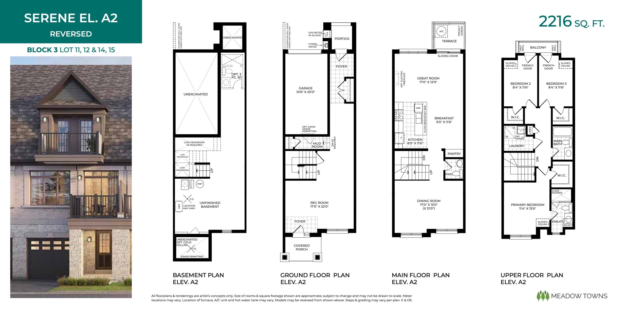 Serene El. A2 (Reversed) Floor Plan at Meadow Towns - 2216 sq.ft