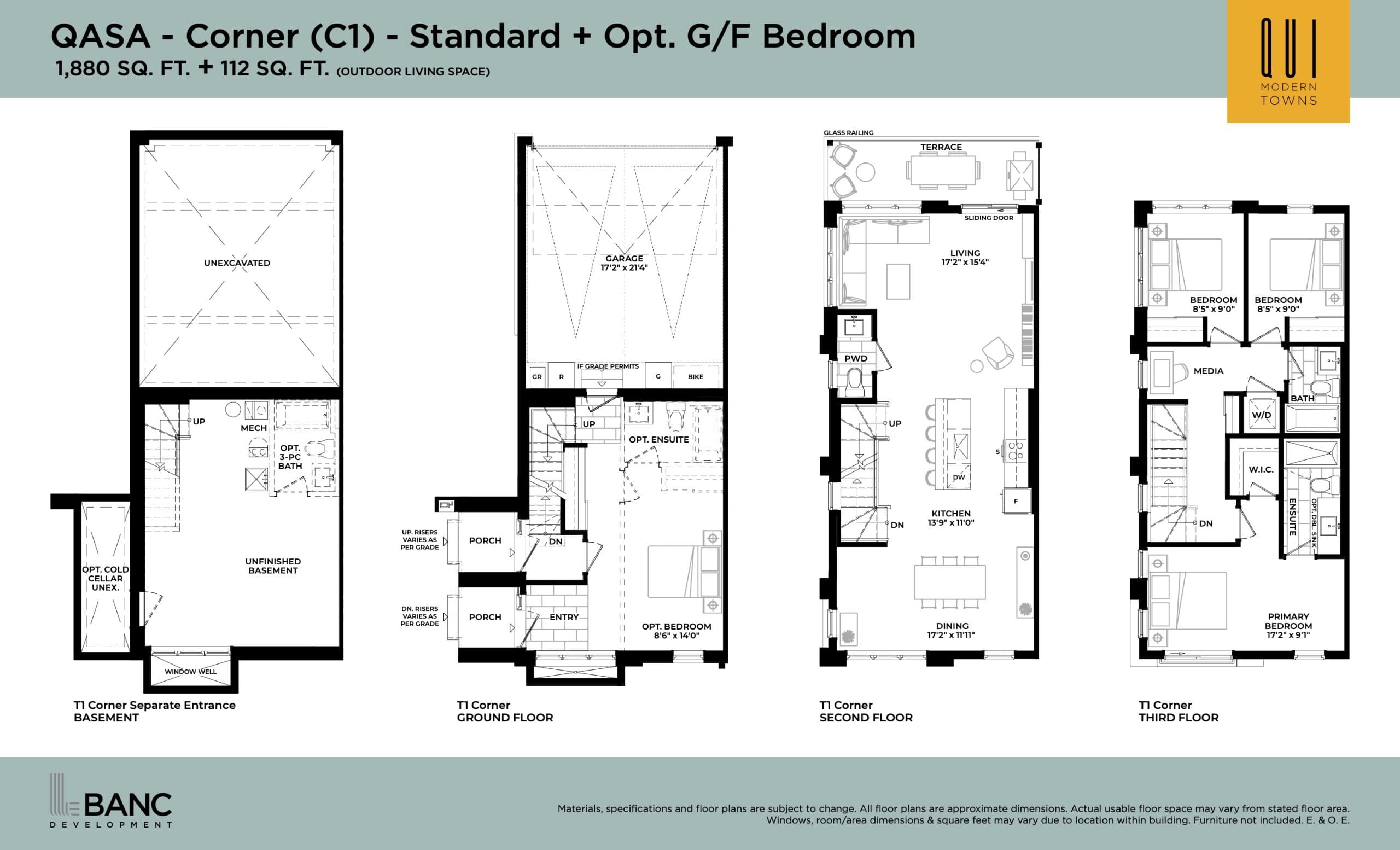 QASA - Corner (C1) - Standard + Opt. G/F Bedroom Floor Plan at Qui Modern Towns - 1880 sq.ft