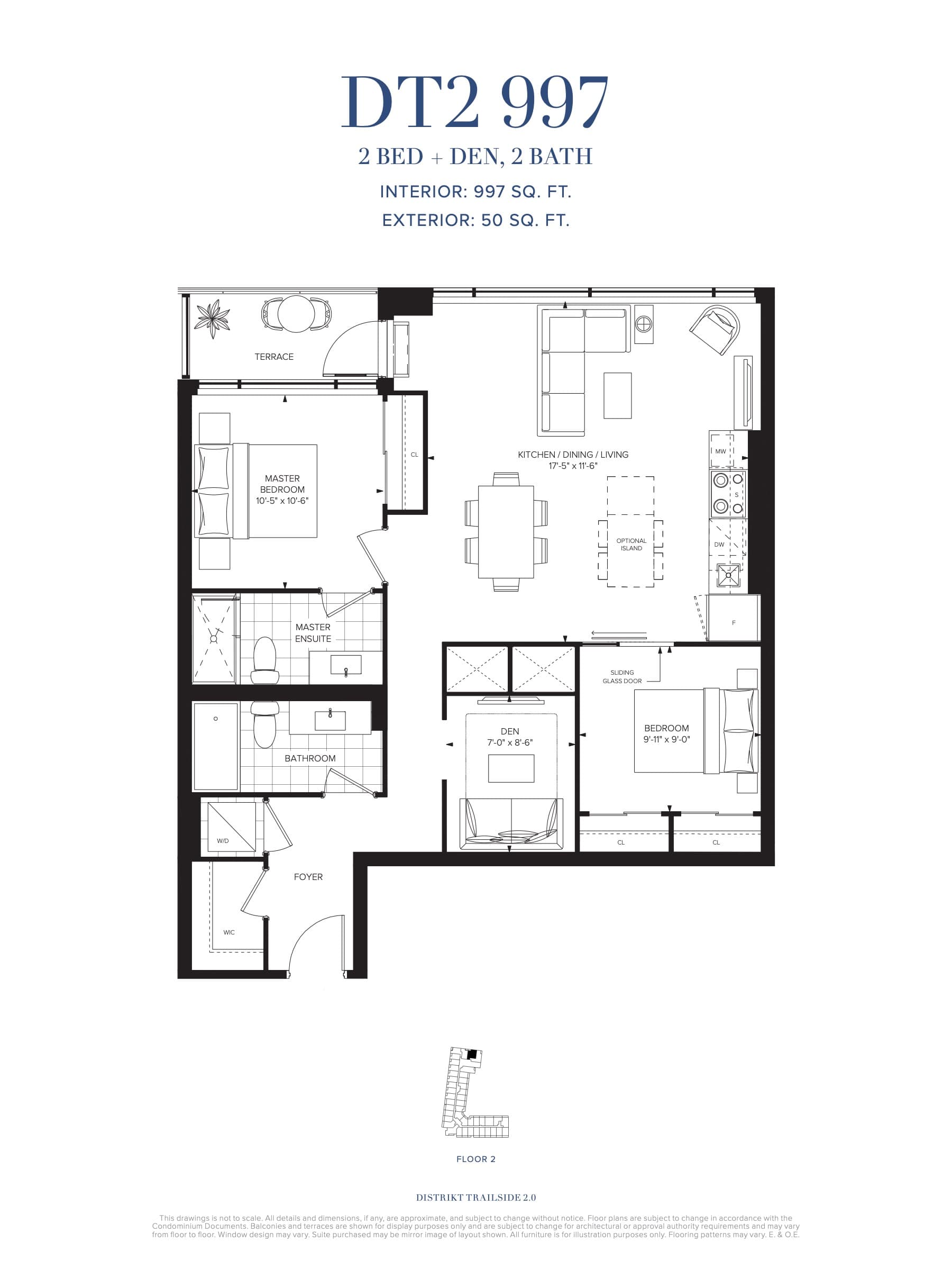 DT2 997 Floor Plan at Distrikt Trailside 2.0 Condos - 997 sq.ft