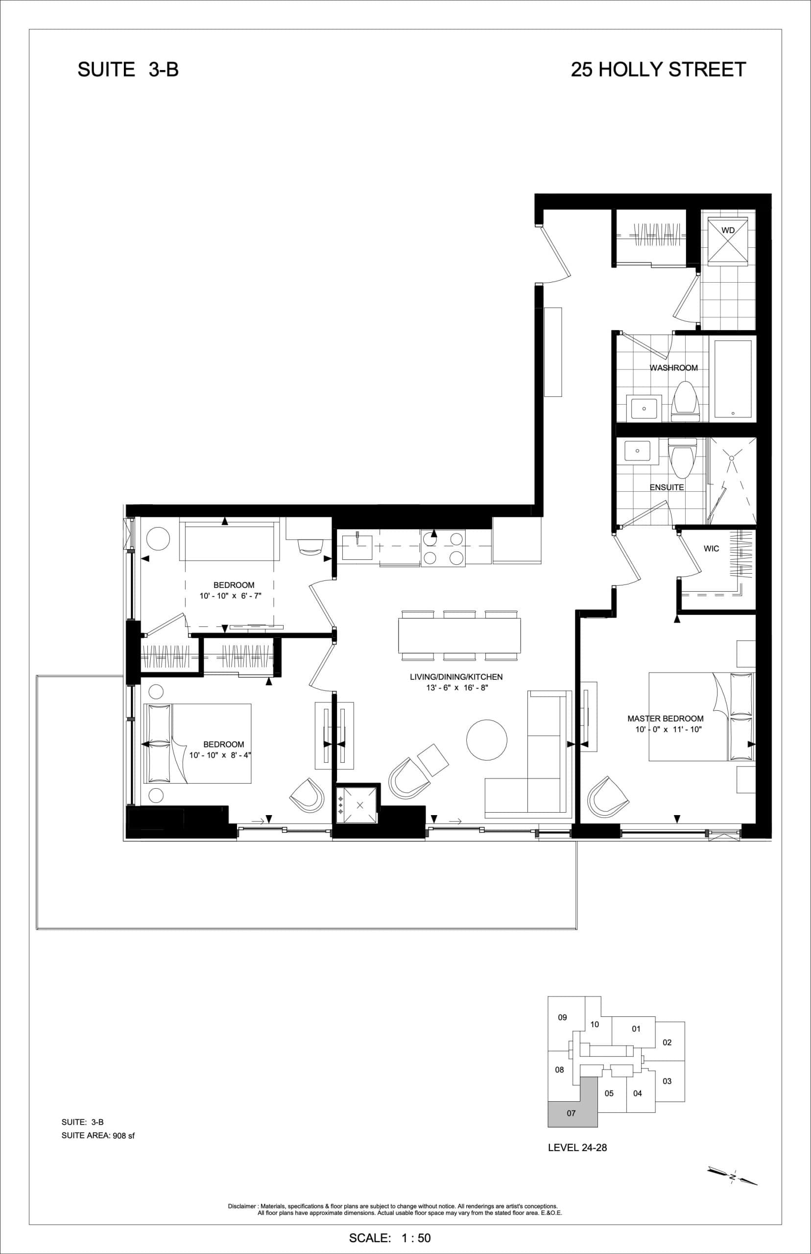 3-B Floor Plan at Plaza Midtown Condos - 908 sq.ft