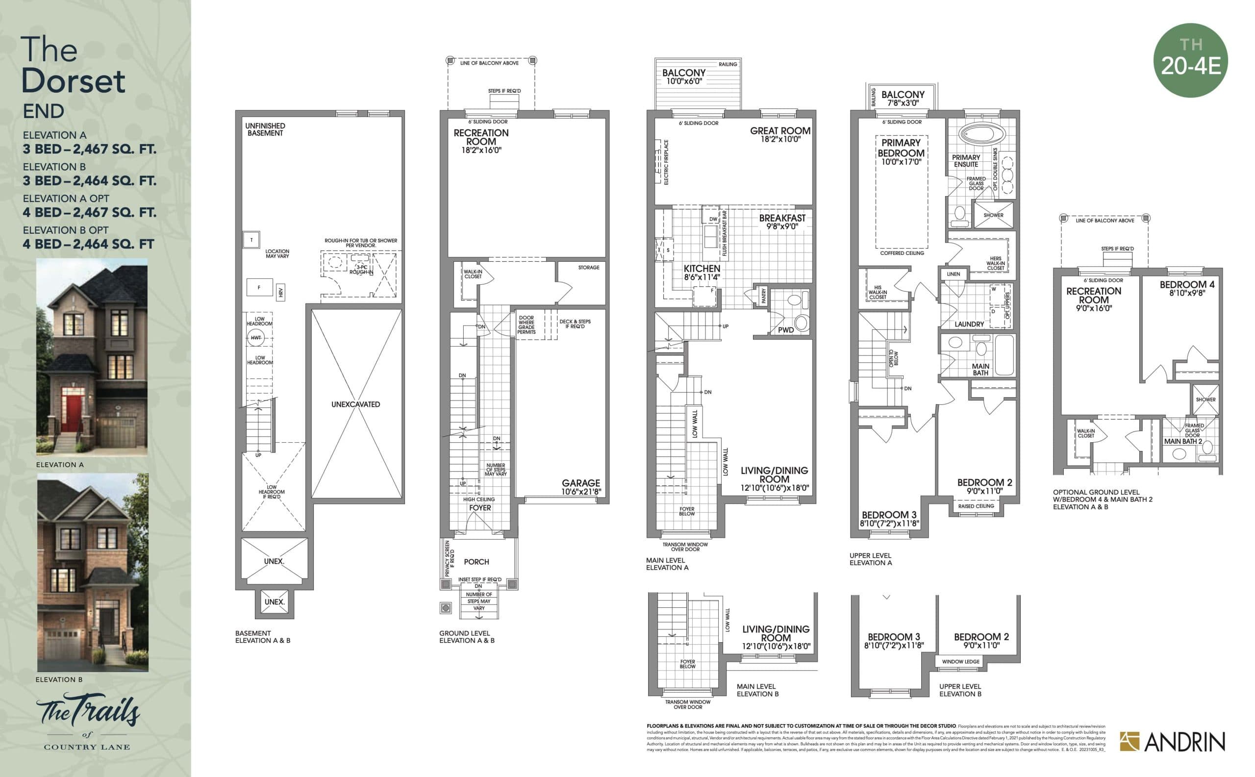 The Dorset End Floor Plan at The Trails of Country Lane Towns - 2467 sq.ft