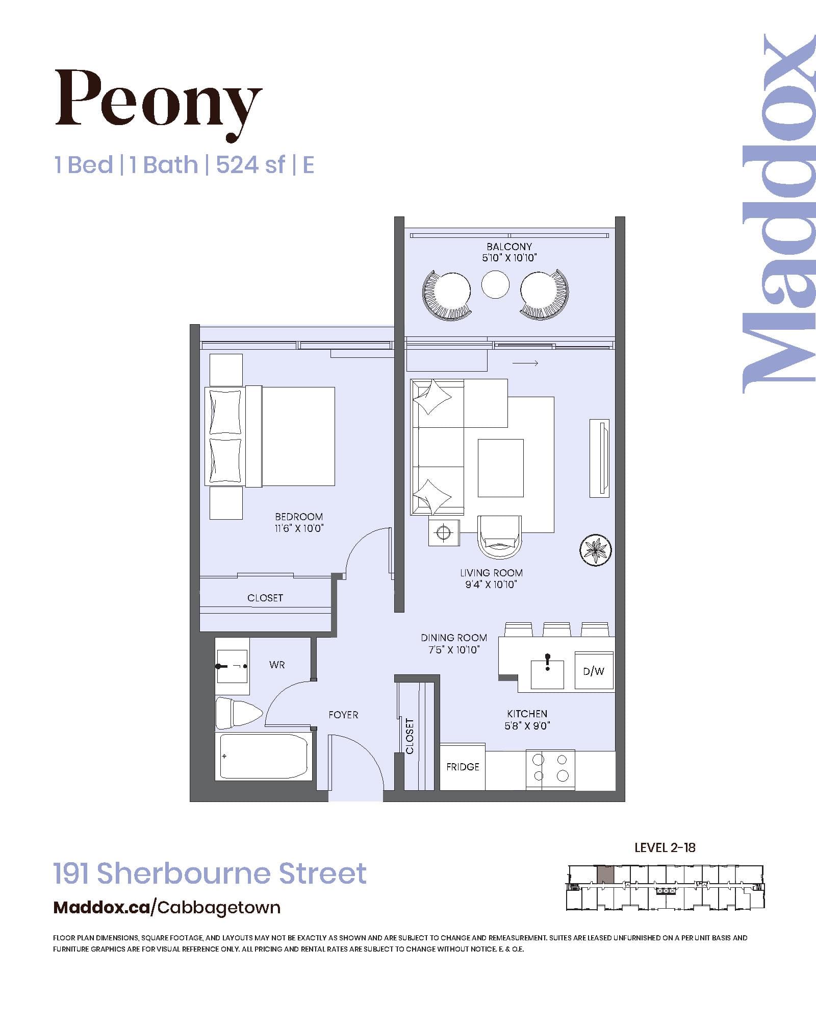 Peony Floor Plan at Maddox Cabbagetown by Fitzrovia - 524 sq.ft