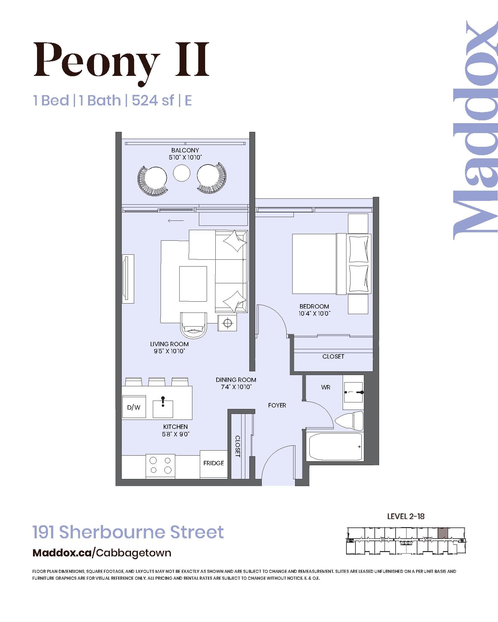 Peony II Floor Plan at Maddox Cabbagetown by Fitzrovia - 524 sq.ft