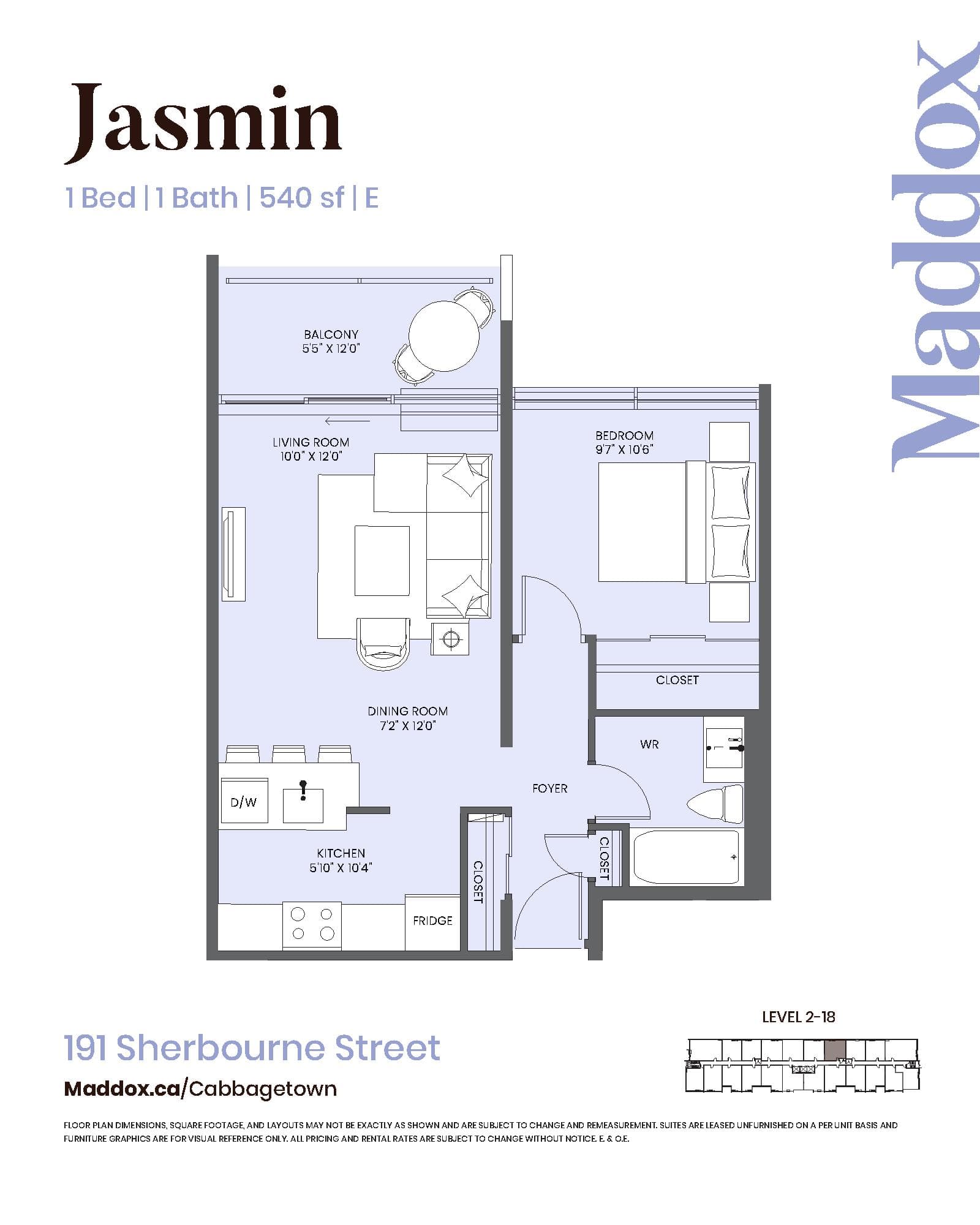 Jasmin Floor Plan at Maddox Cabbagetown by Fitzrovia - 540 sq.ft