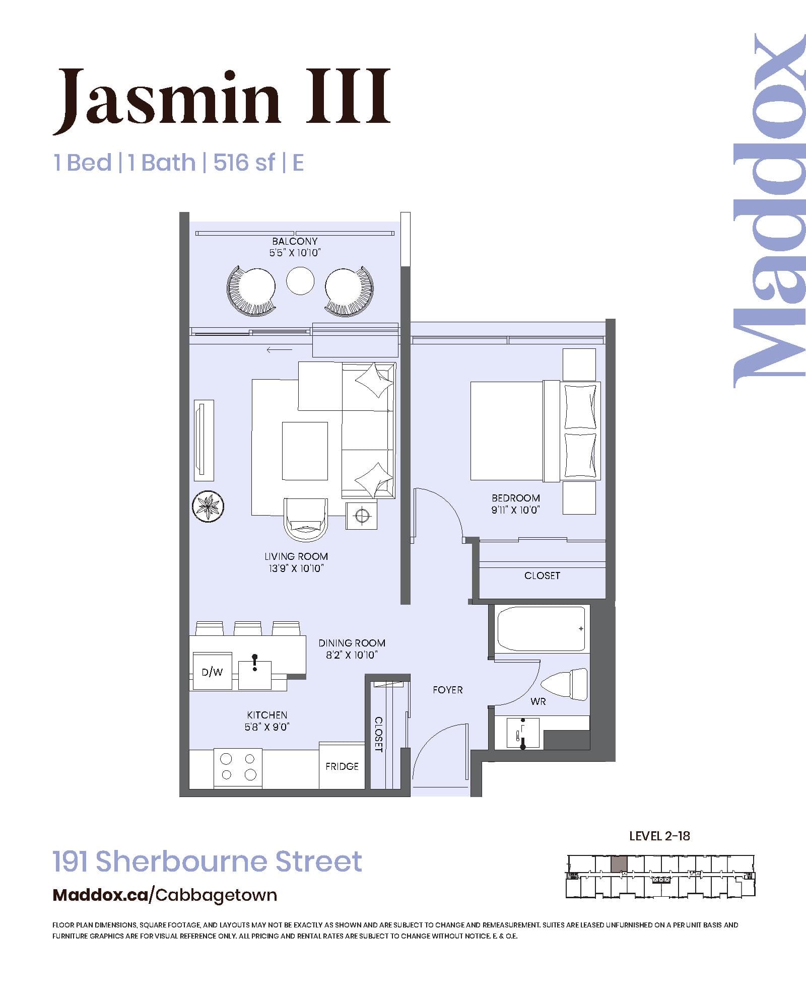Jasmin III Floor Plan at Maddox Cabbagetown by Fitzrovia - 516 sq.ft
