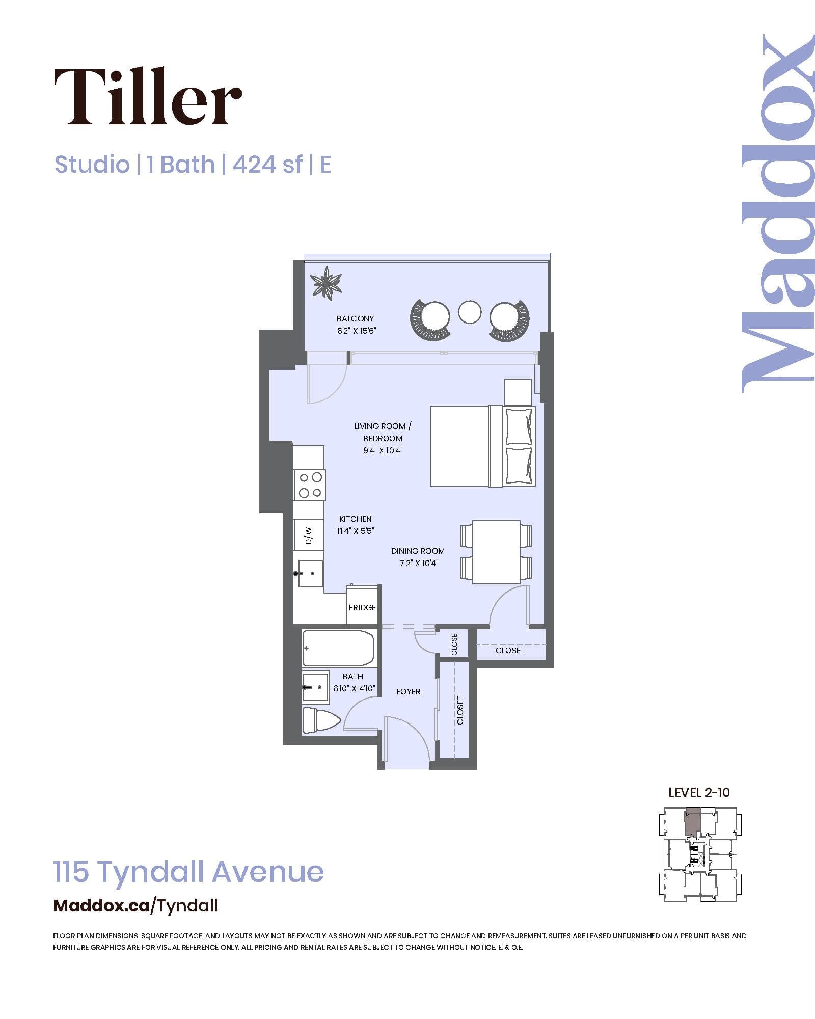 Tiller Floor Plan at Maddox Tyndall by Fitzrovia - 424 sq.ft