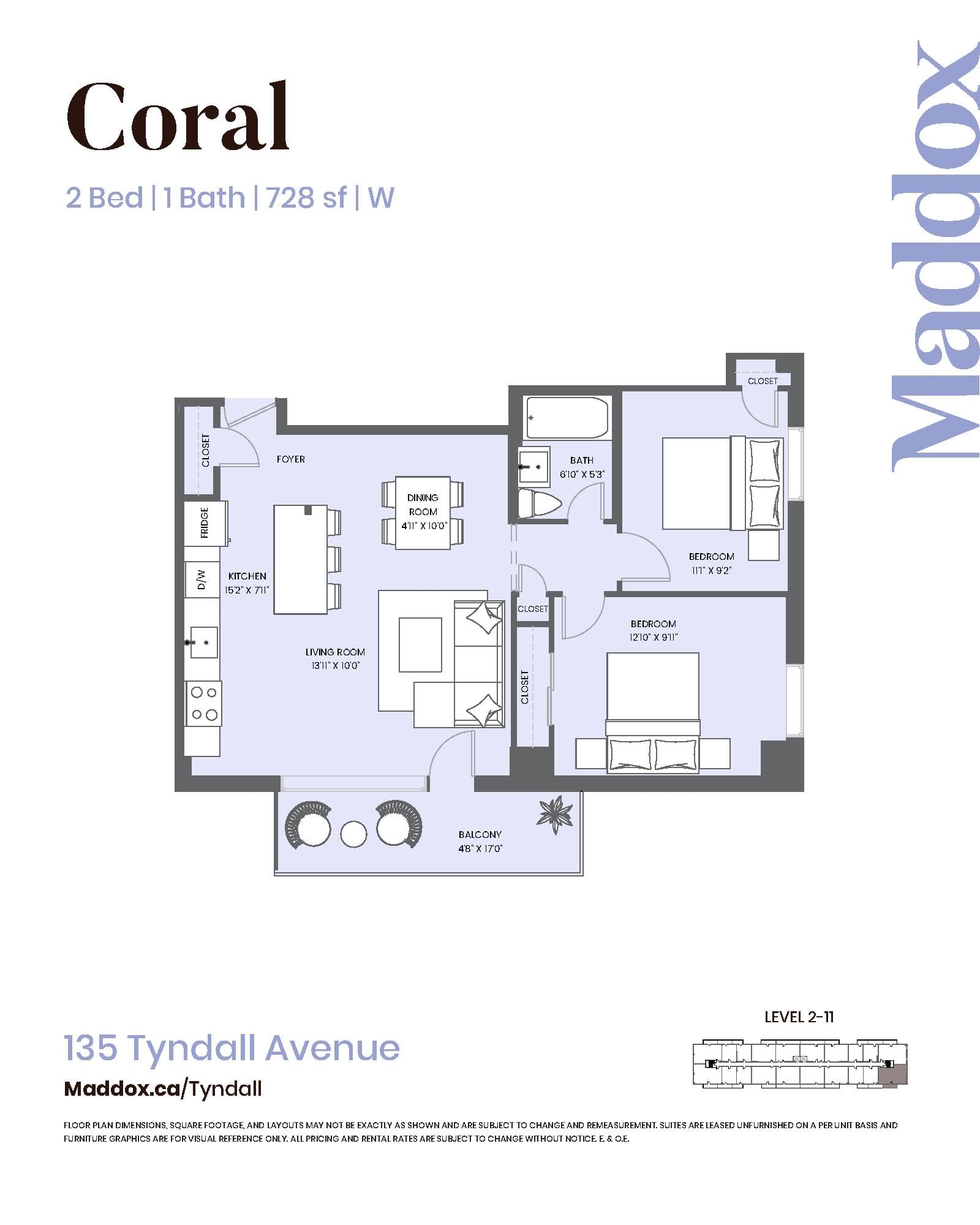 Coral Floor Plan at Maddox Tyndall by Fitzrovia - 728 sq.ft