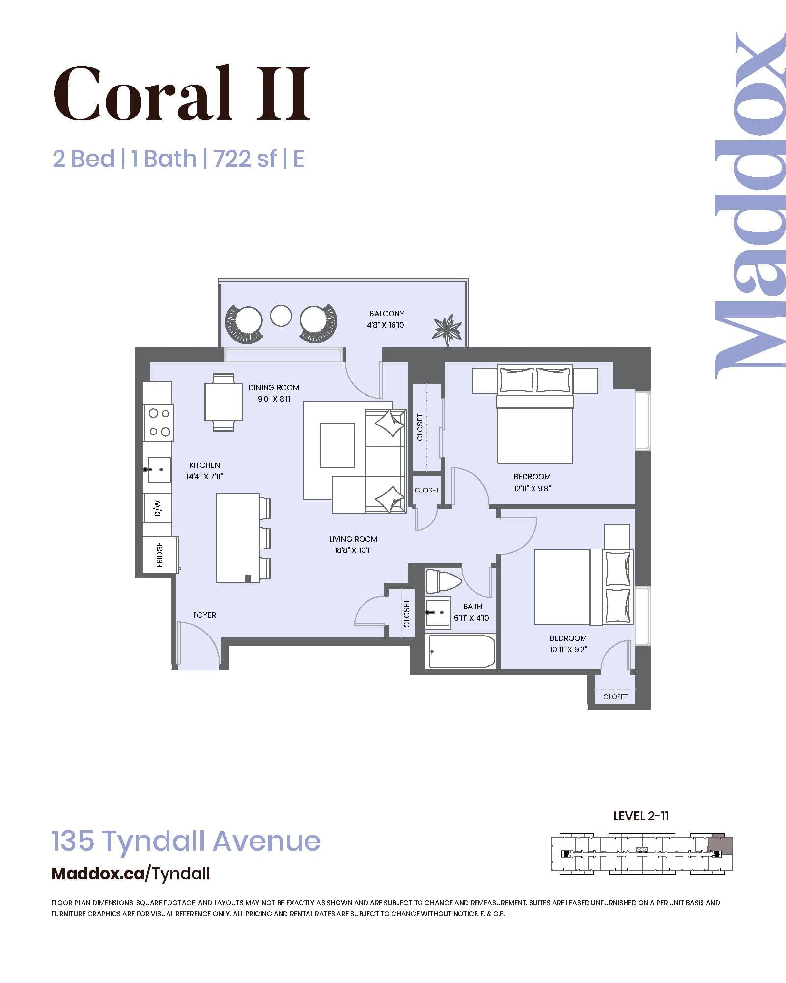 Coral II Floor Plan at Maddox Tyndall by Fitzrovia - 722 sq.ft