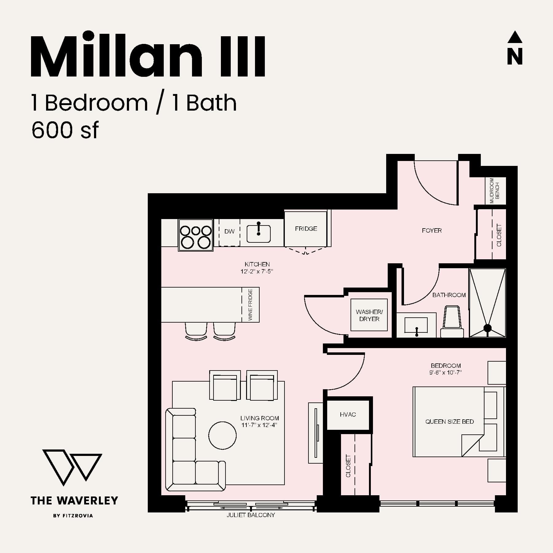Millan III Floor Plan at Waverley by Fitzrovia - 600 sq.ft