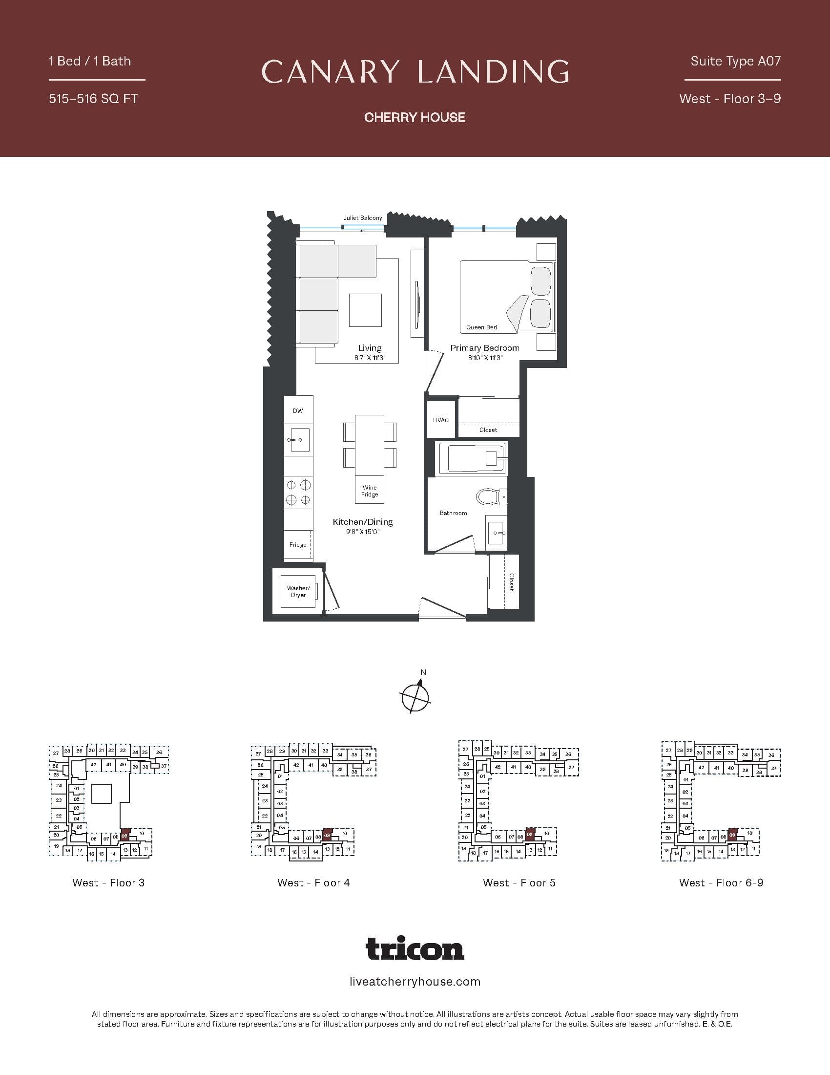 Type A07 Floor Plan at Cherry House at Canary Landing - 515 sq.ft