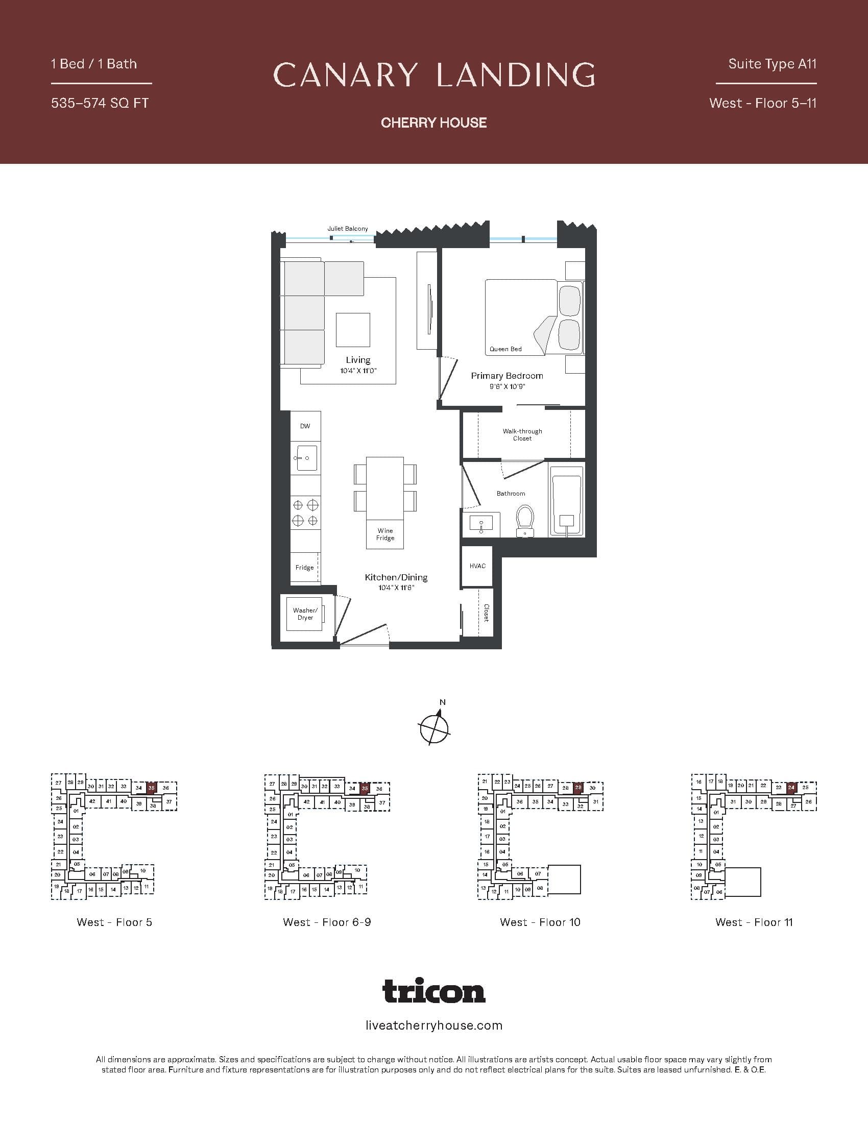 Type A11 Floor Plan at Cherry House at Canary Landing - 535 sq.ft