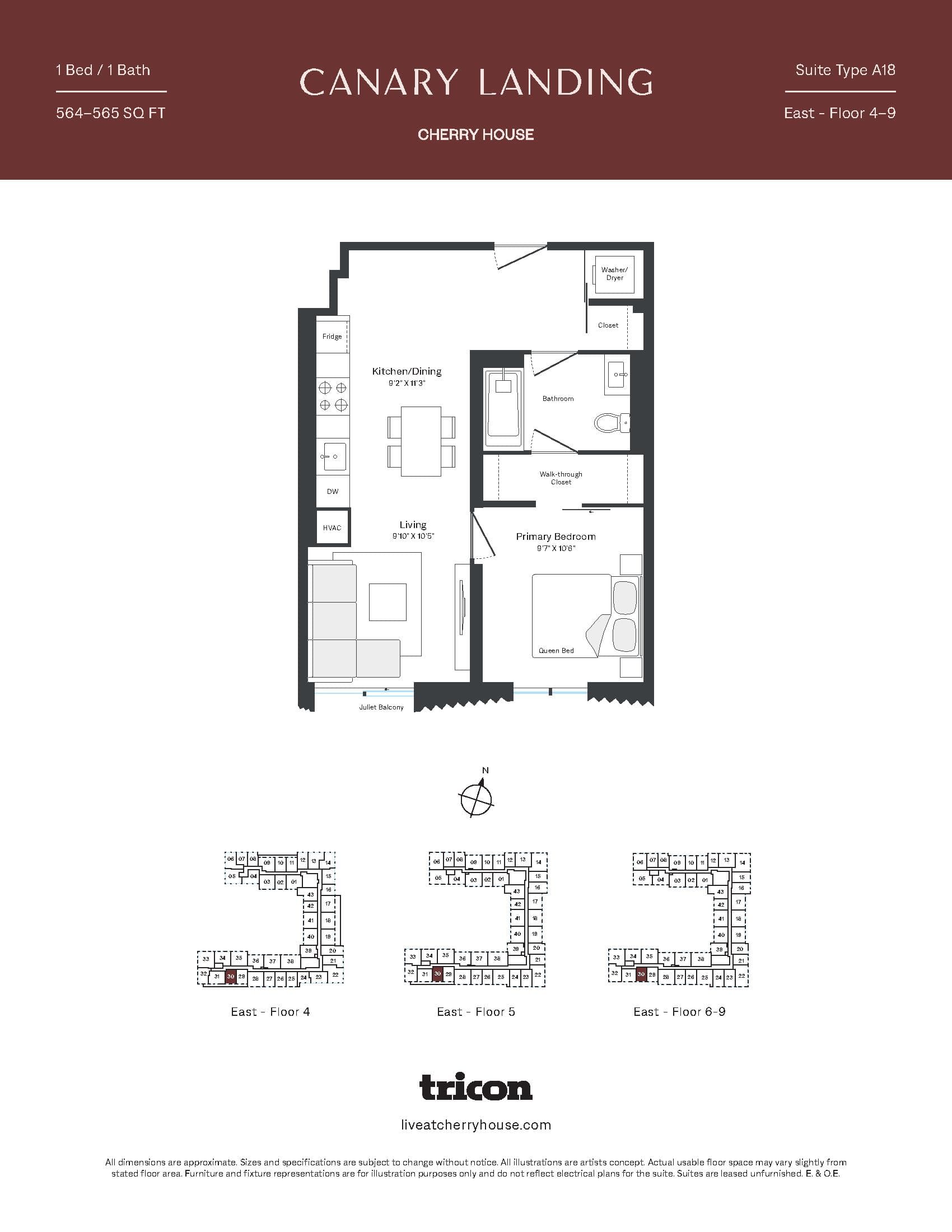 Type A18 Floor Plan at Cherry House at Canary Landing - 564 sq.ft