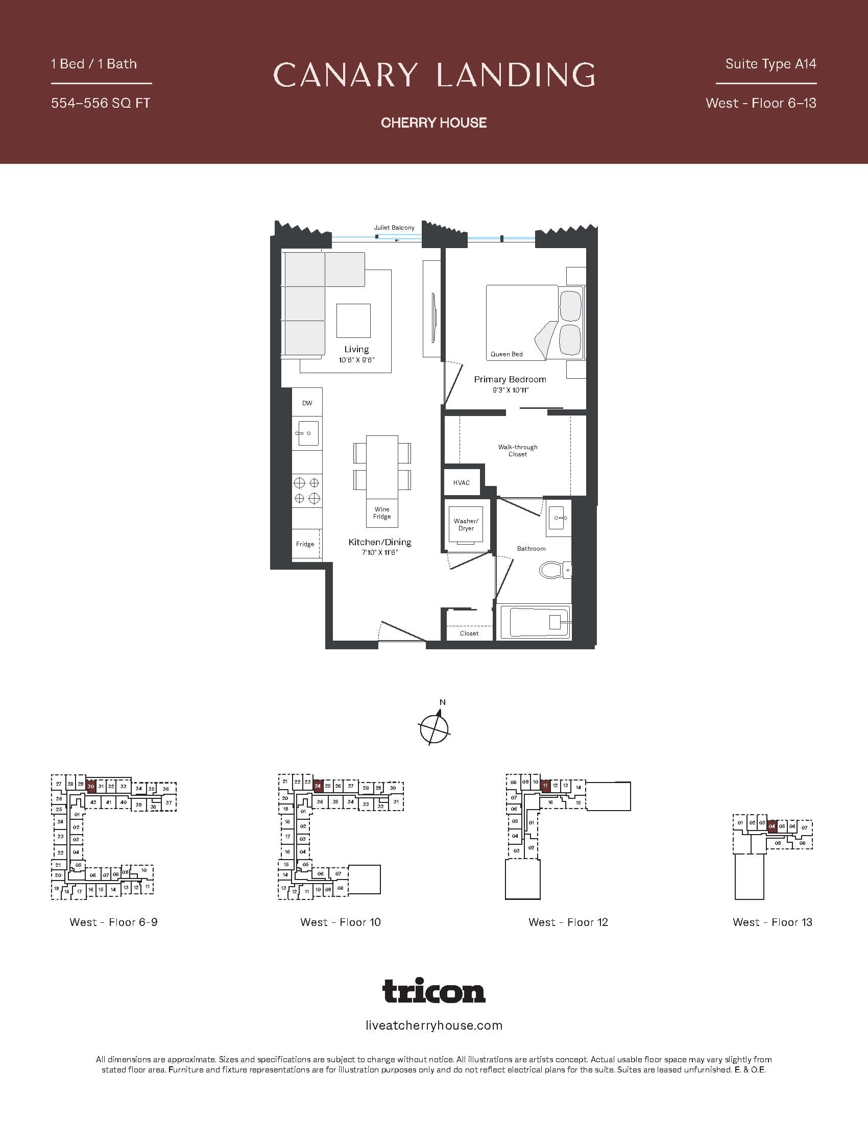 Type A14 Floor Plan at Cherry House at Canary Landing - 554 sq.ft