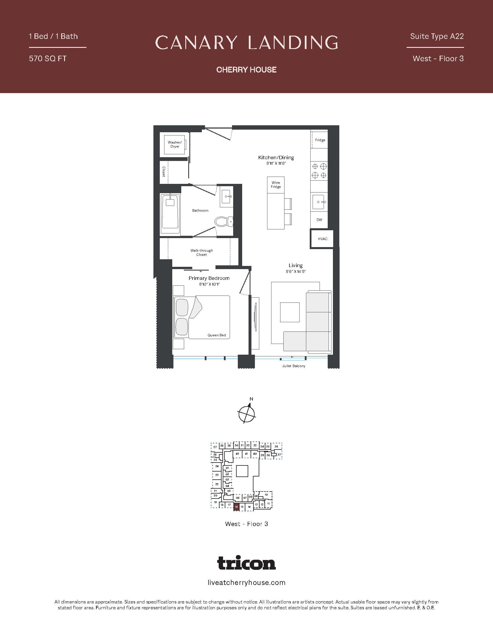 Type A22 Floor Plan at Cherry House at Canary Landing - 570 sq.ft