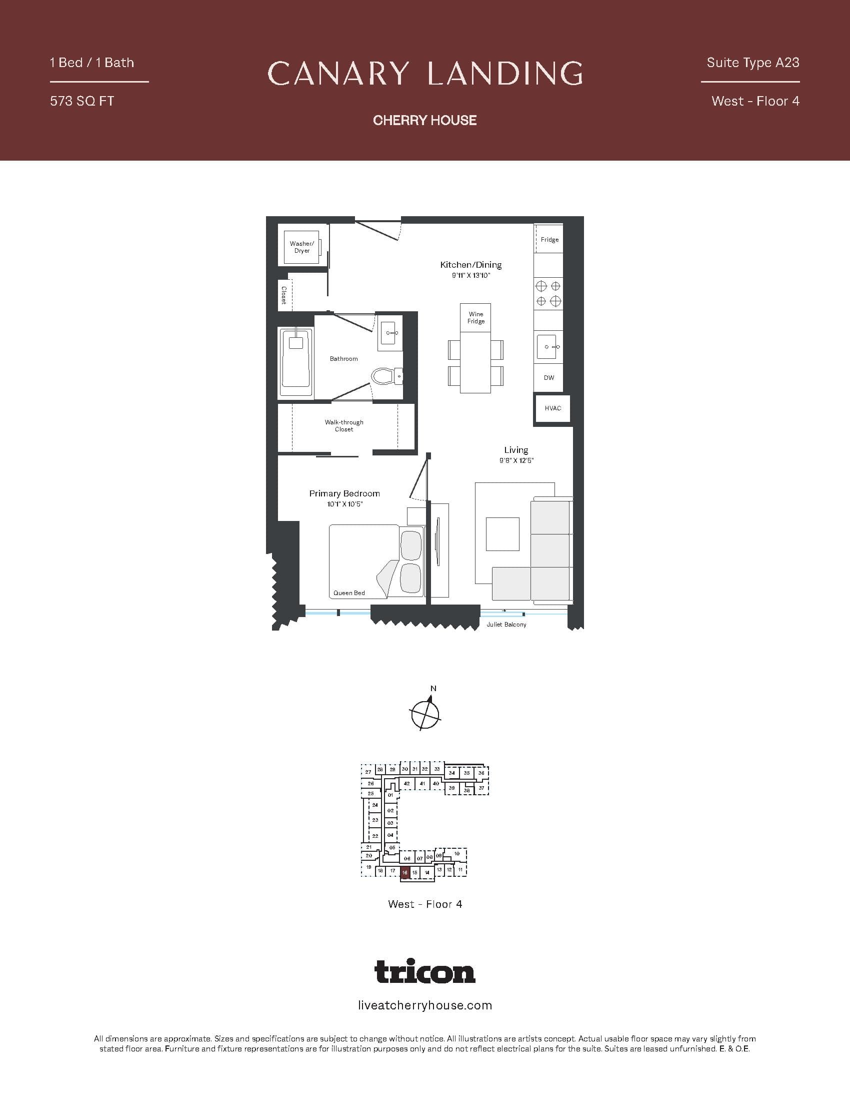 Type A23 Floor Plan at Cherry House at Canary Landing - 573 sq.ft