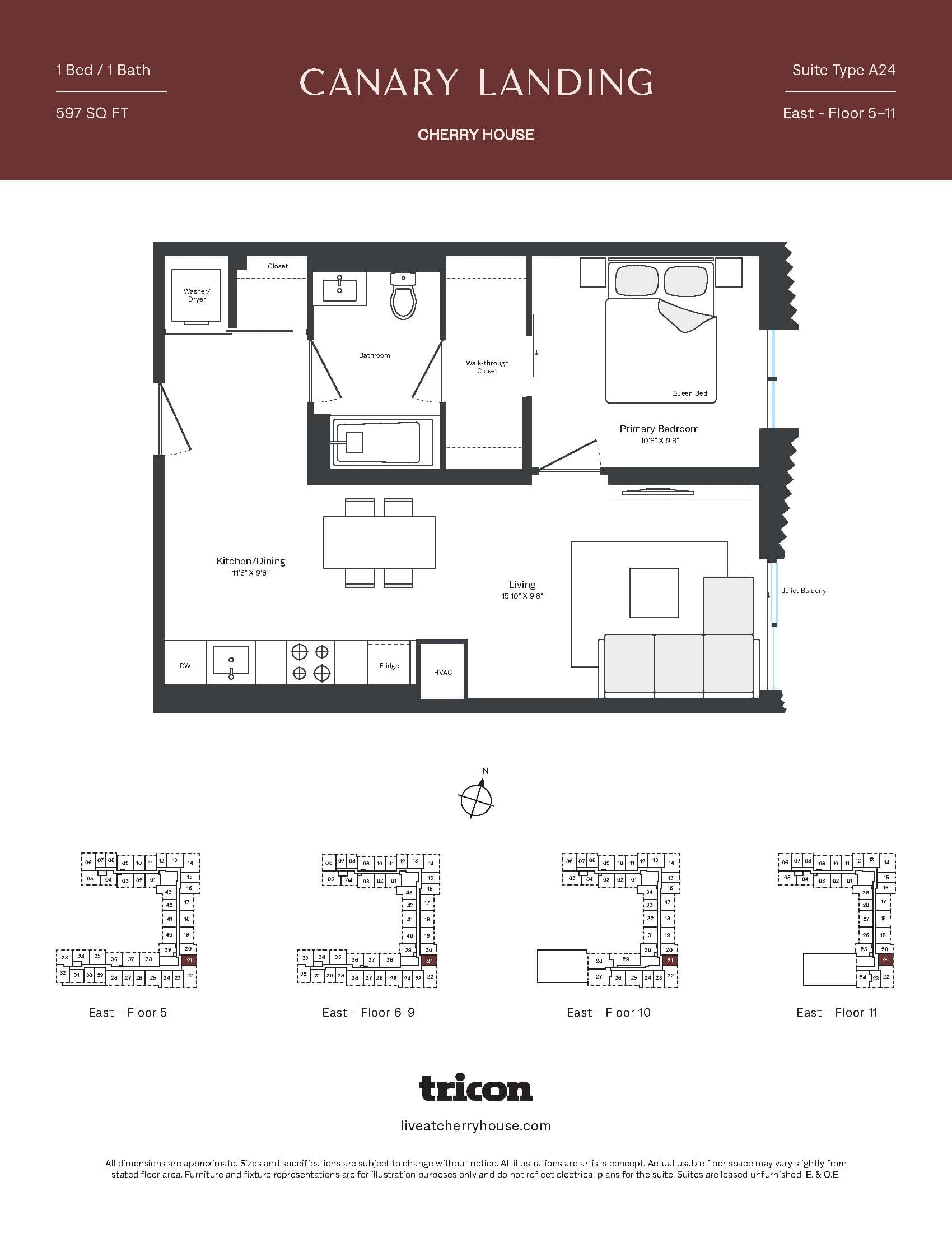 Type A24 Floor Plan at Cherry House at Canary Landing - 597 sq.ft
