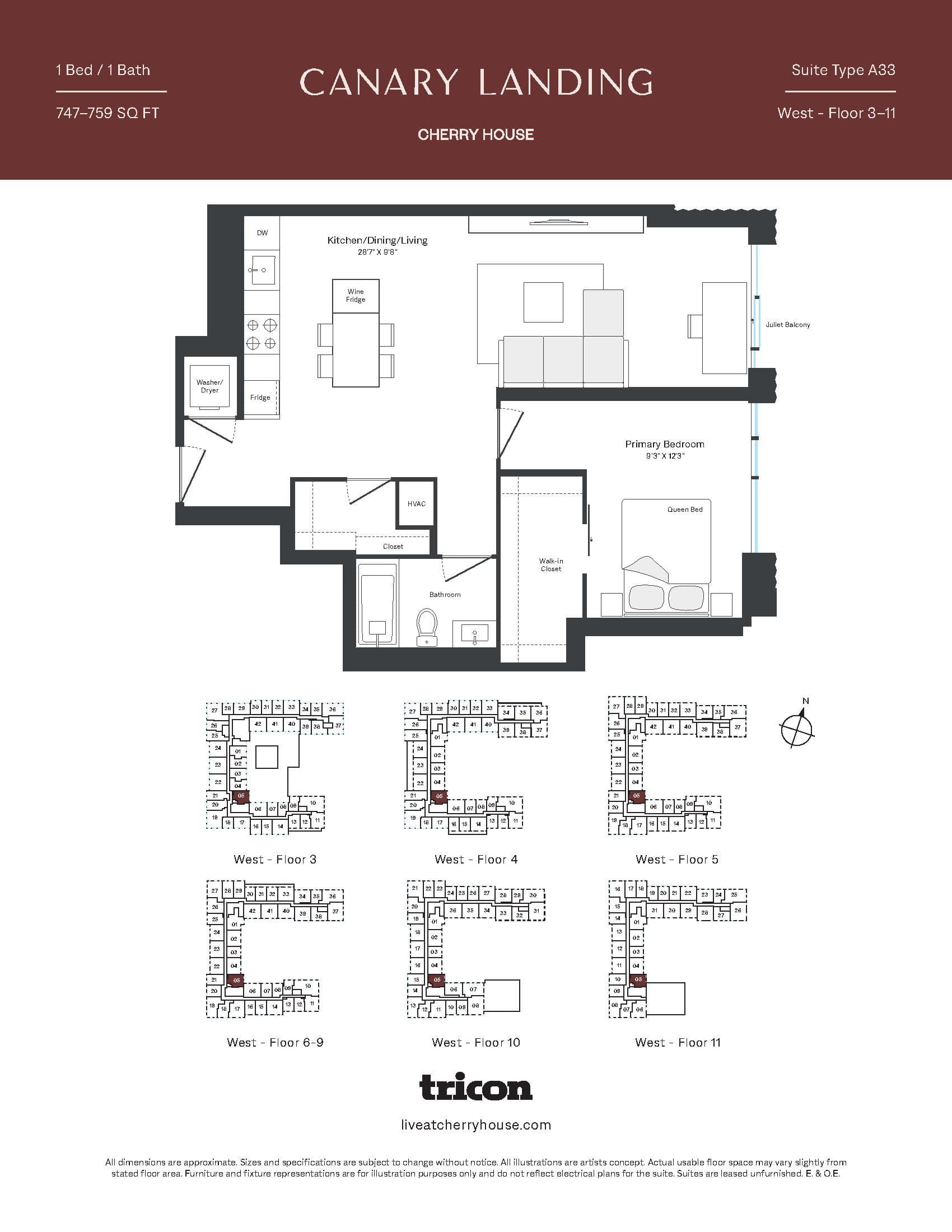 Type A33 Floor Plan at Cherry House at Canary Landing - 747 sq.ft