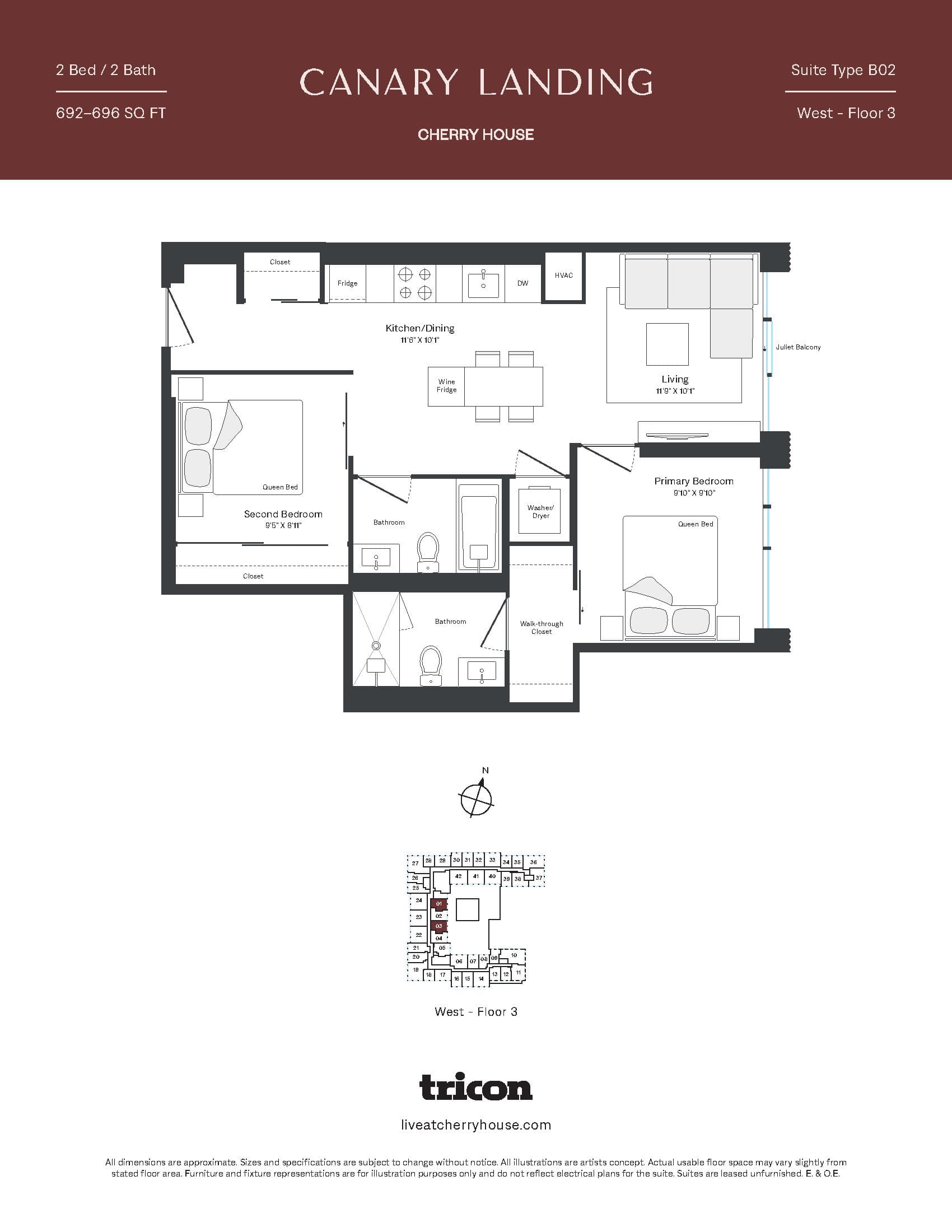 Type B02 Floor Plan at Cherry House at Canary Landing - 692 sq.ft
