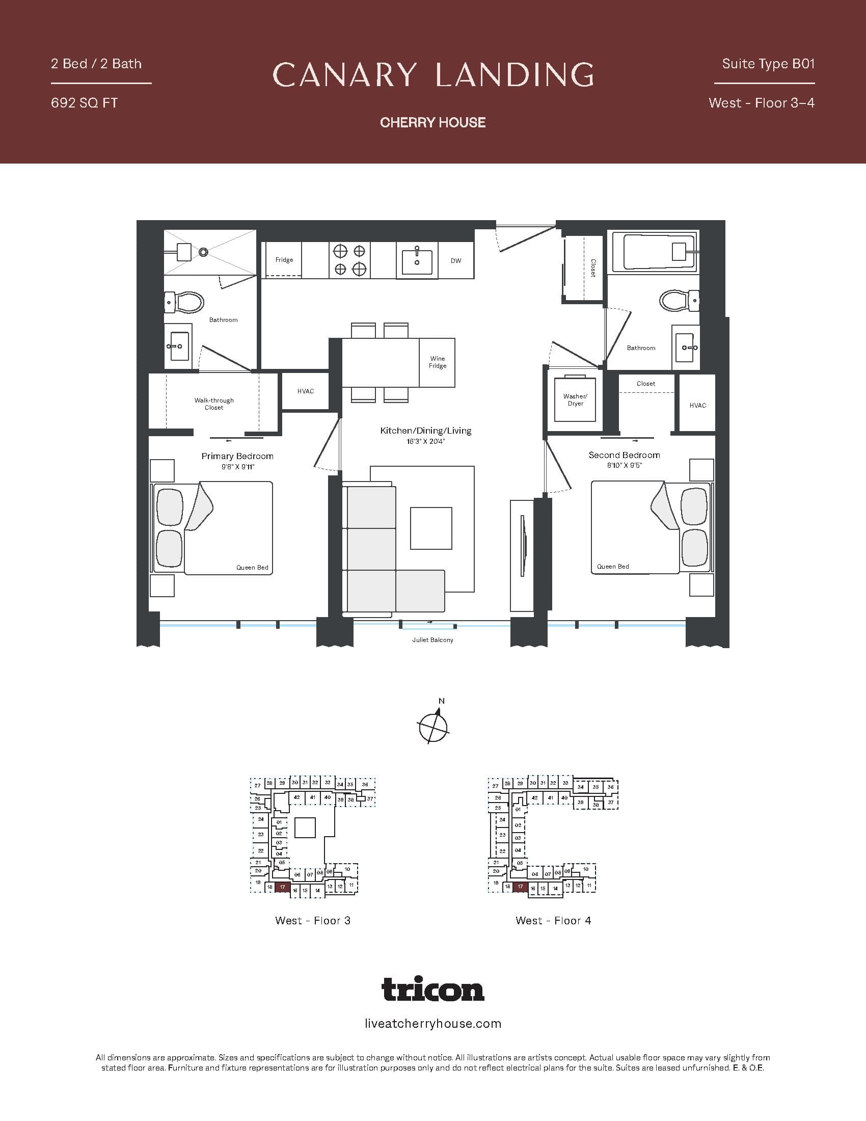 Type B01 Floor Plan at Cherry House at Canary Landing - 692 sq.ft
