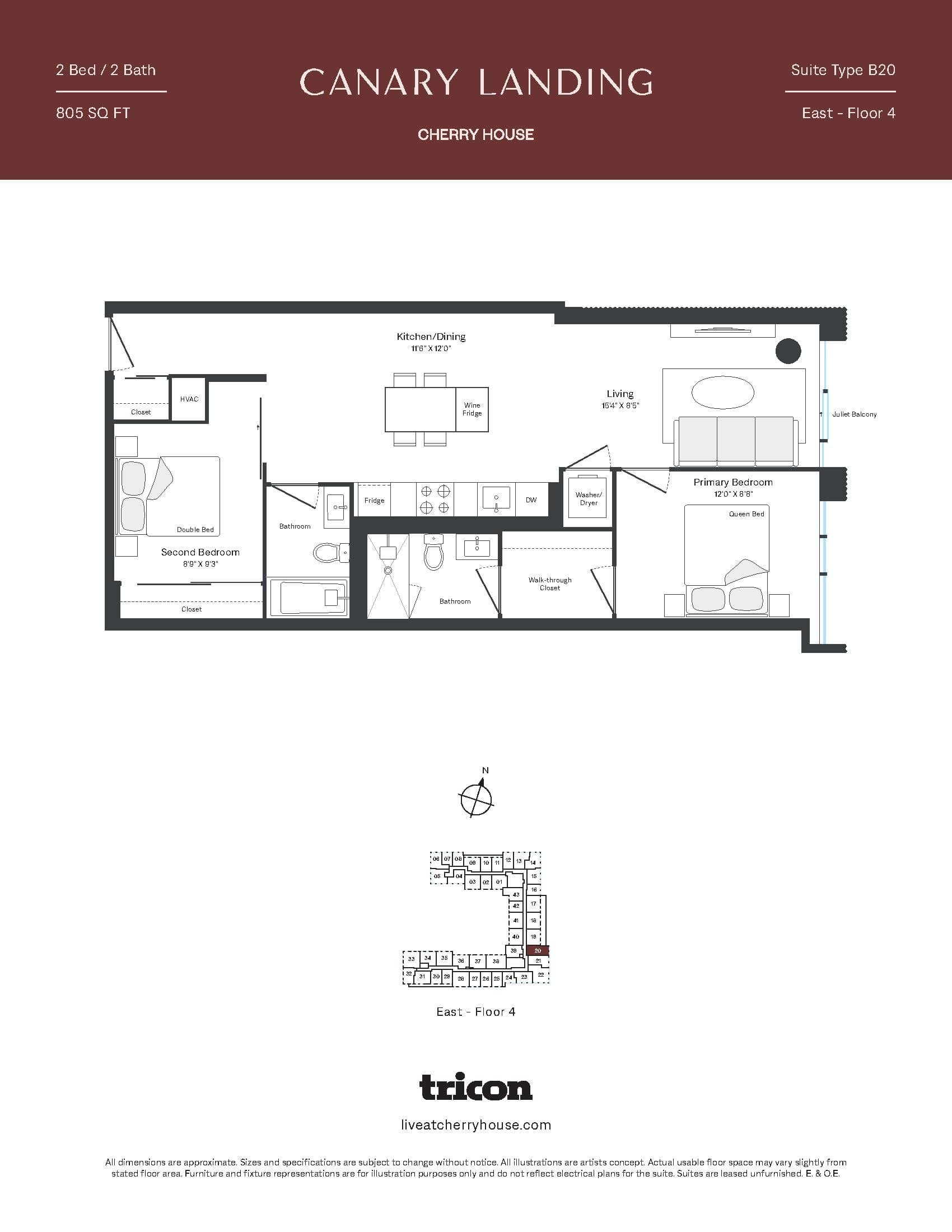 Type B20 Floor Plan at Cherry House at Canary Landing - 805 sq.ft