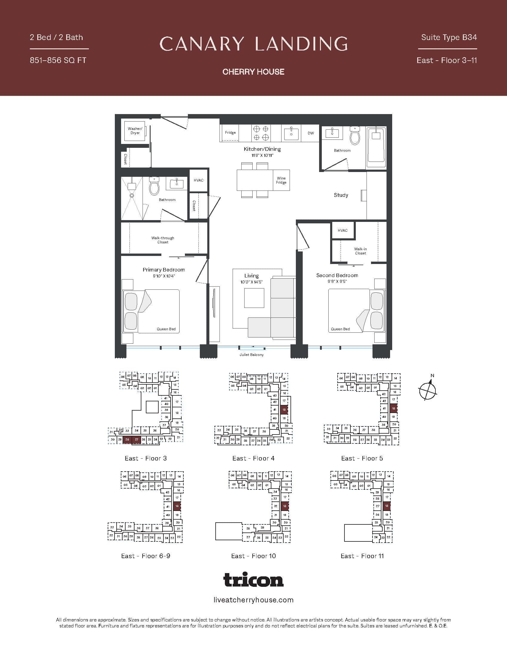 Type B34 Floor Plan at Cherry House at Canary Landing - 851 sq.ft