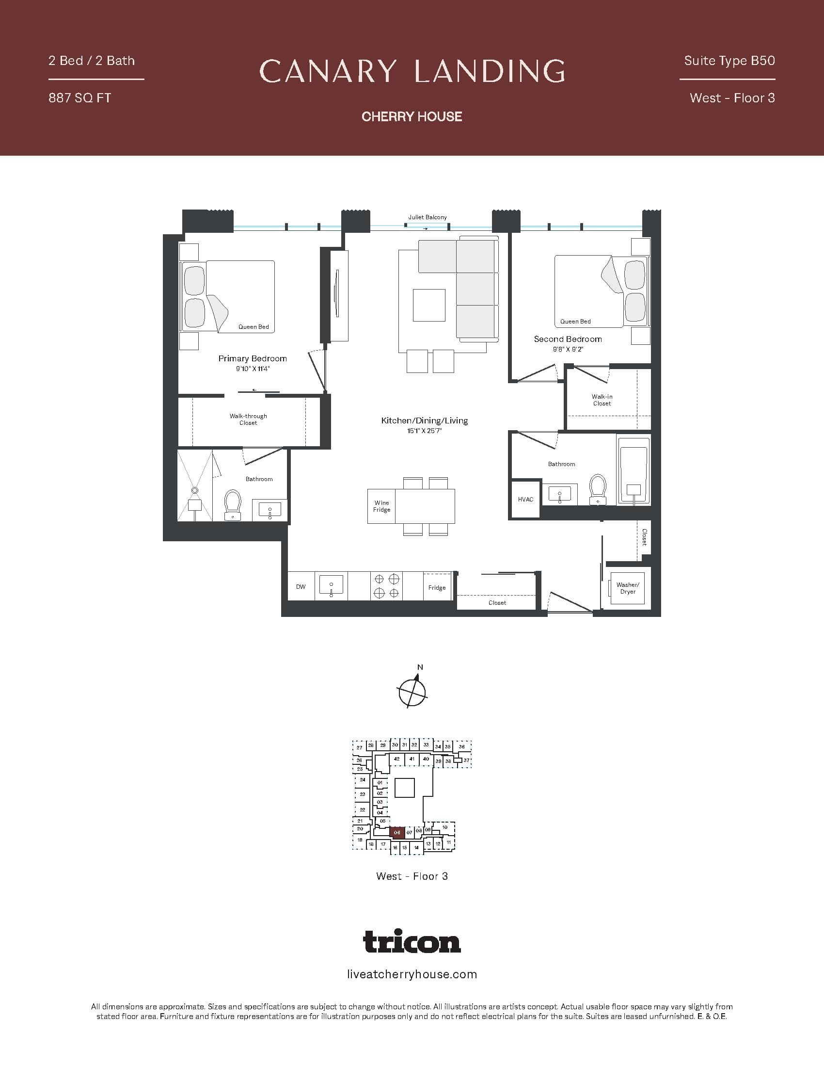 Type B50 Floor Plan at Cherry House at Canary Landing - 887 sq.ft