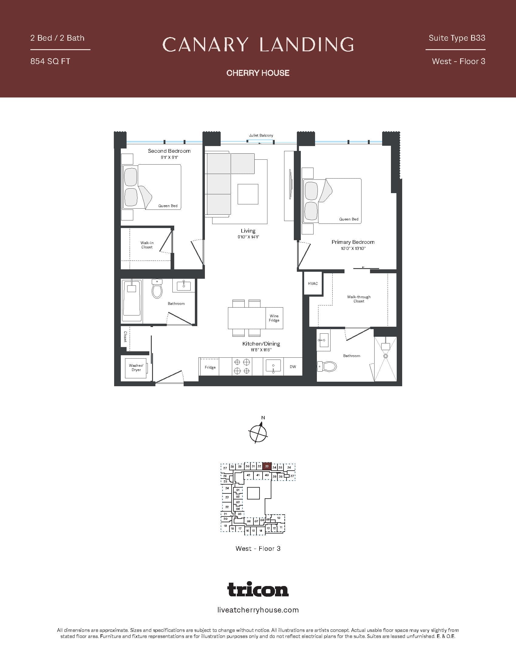 Type B33 Floor Plan at Cherry House at Canary Landing - 854 sq.ft