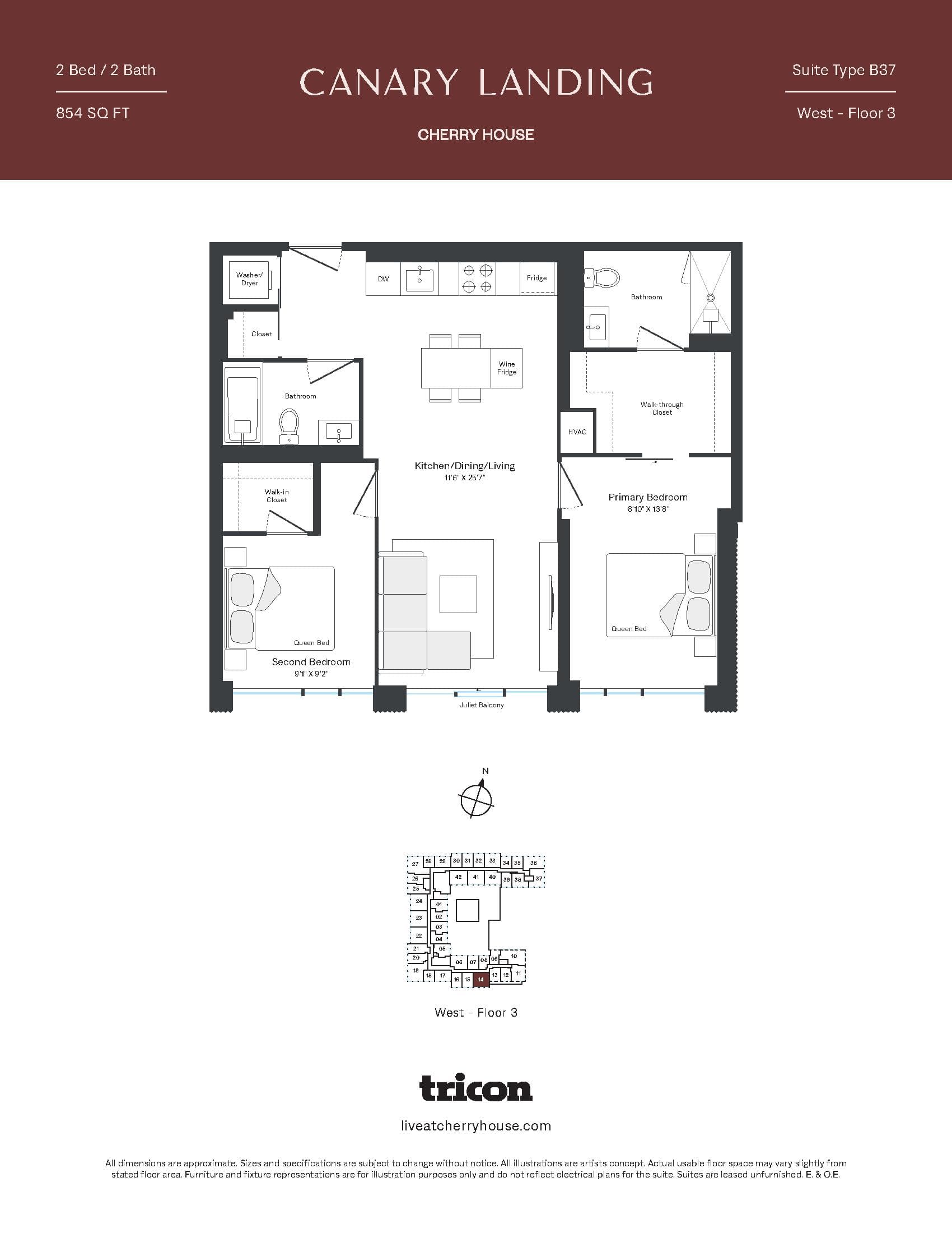 Type B37 Floor Plan at Cherry House at Canary Landing - 854 sq.ft