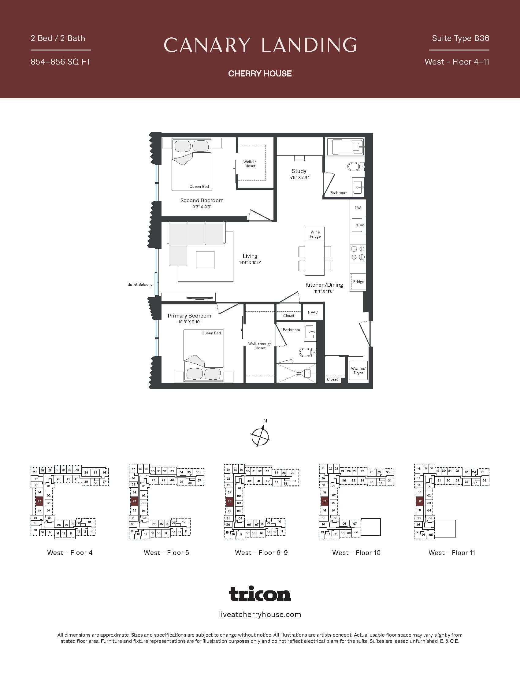Type B36 Floor Plan at Cherry House at Canary Landing - 854 sq.ft