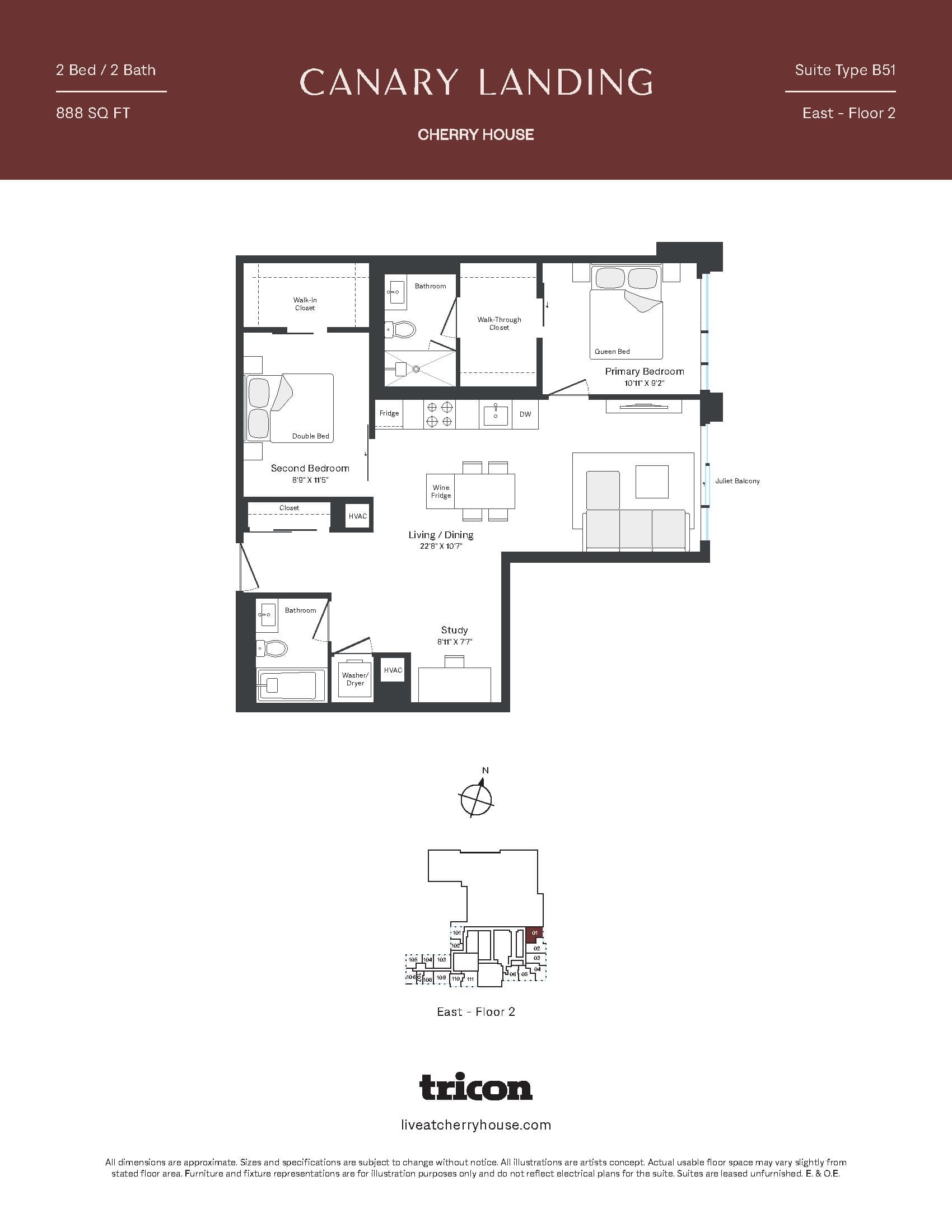 Type B51 Floor Plan at Cherry House at Canary Landing - 888 sq.ft