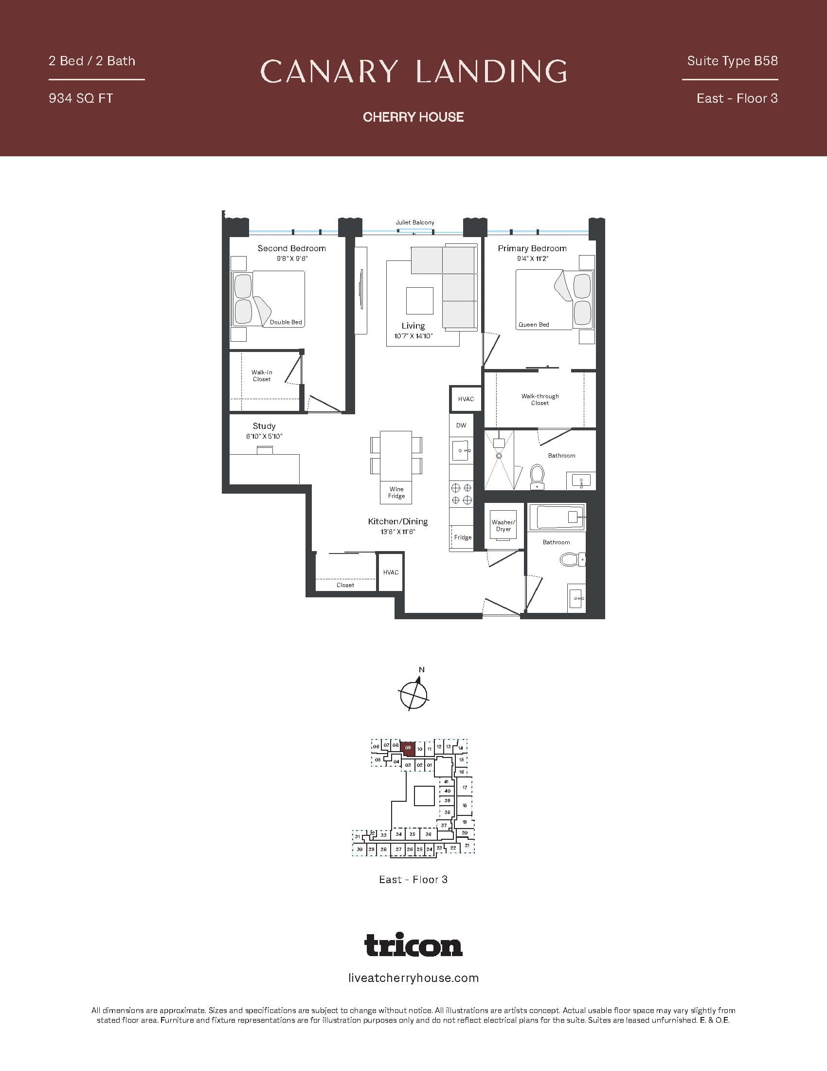 Type B58 Floor Plan at Cherry House at Canary Landing - 934 sq.ft