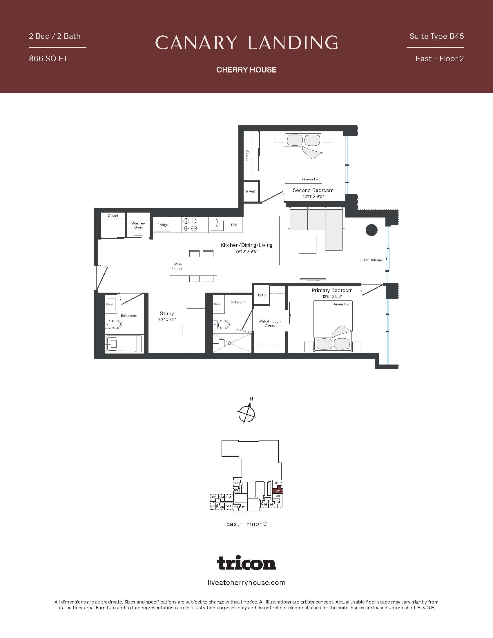 Type B45 Floor Plan at Cherry House at Canary Landing - 866 sq.ft