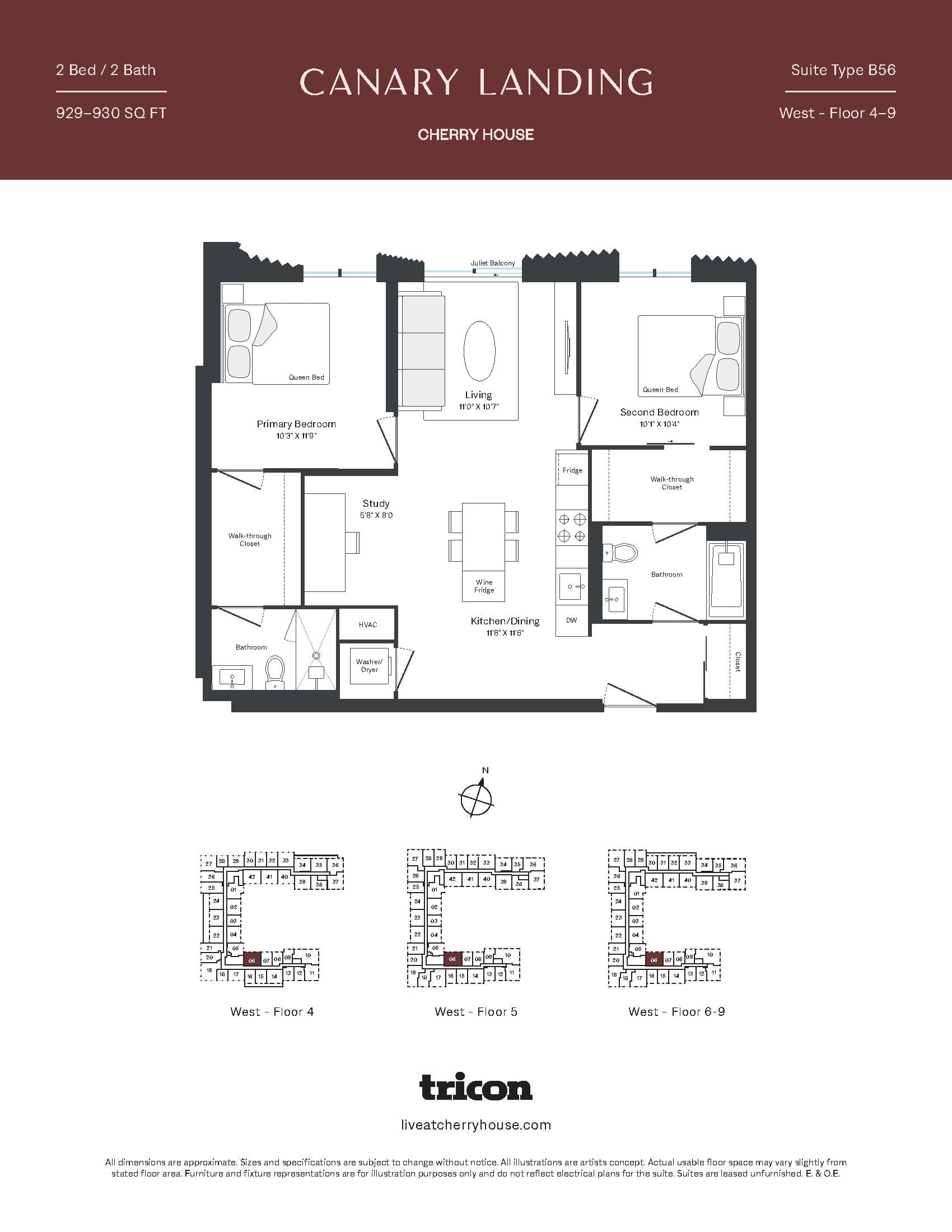Type B56 Floor Plan at Cherry House at Canary Landing - 929 sq.ft
