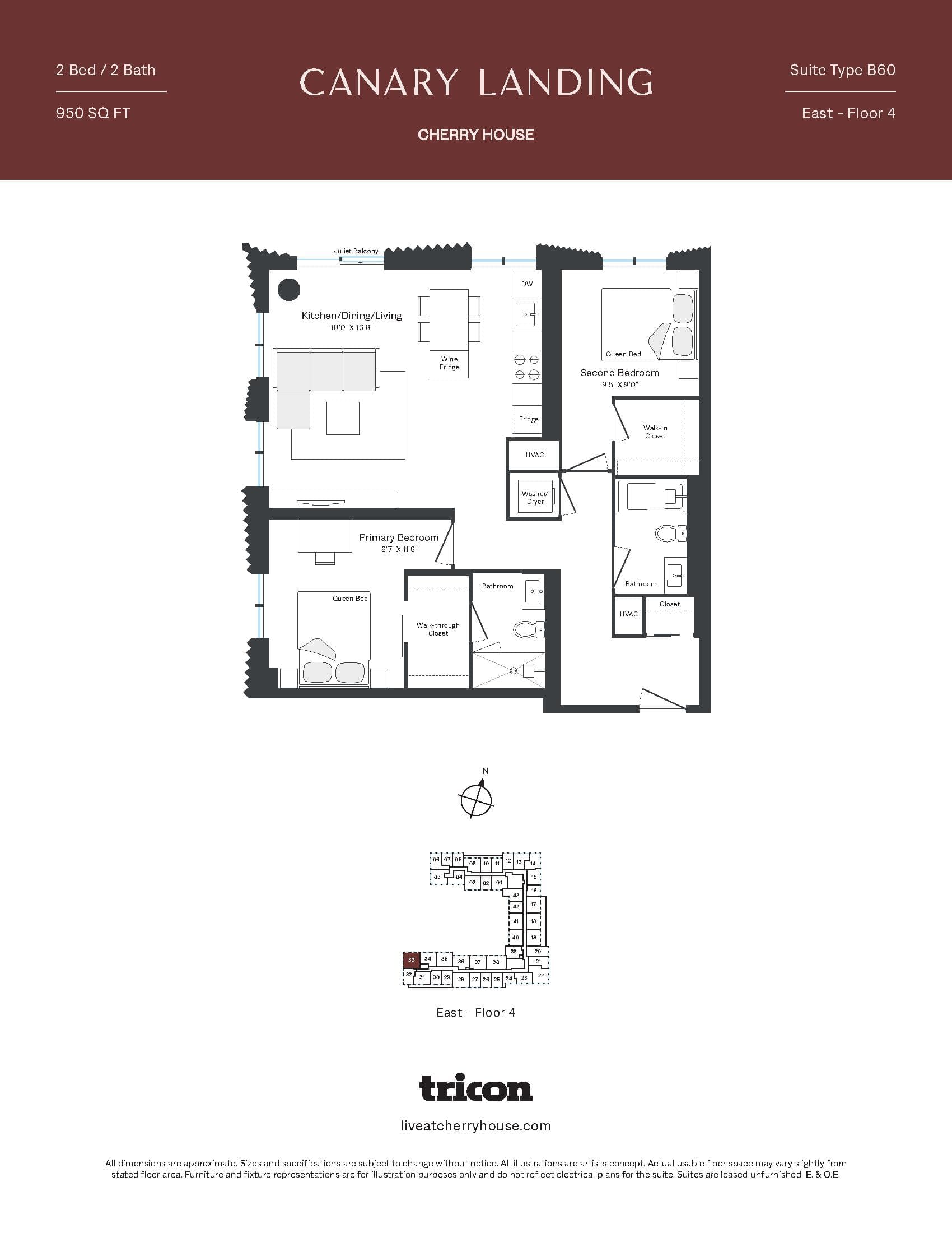 Type B60 Floor Plan at Cherry House at Canary Landing - 950 sq.ft