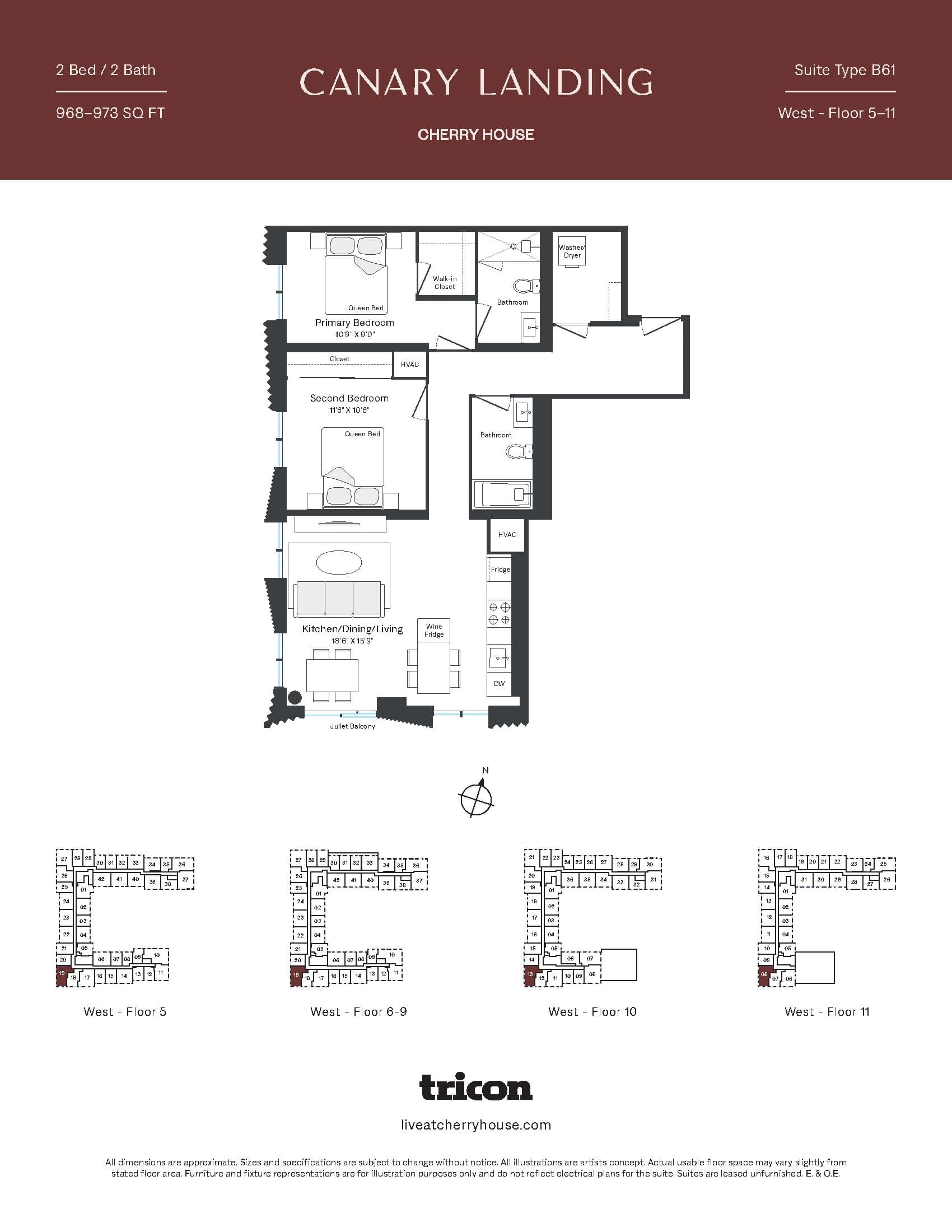 Type B61 Floor Plan at Cherry House at Canary Landing - 968 sq.ft