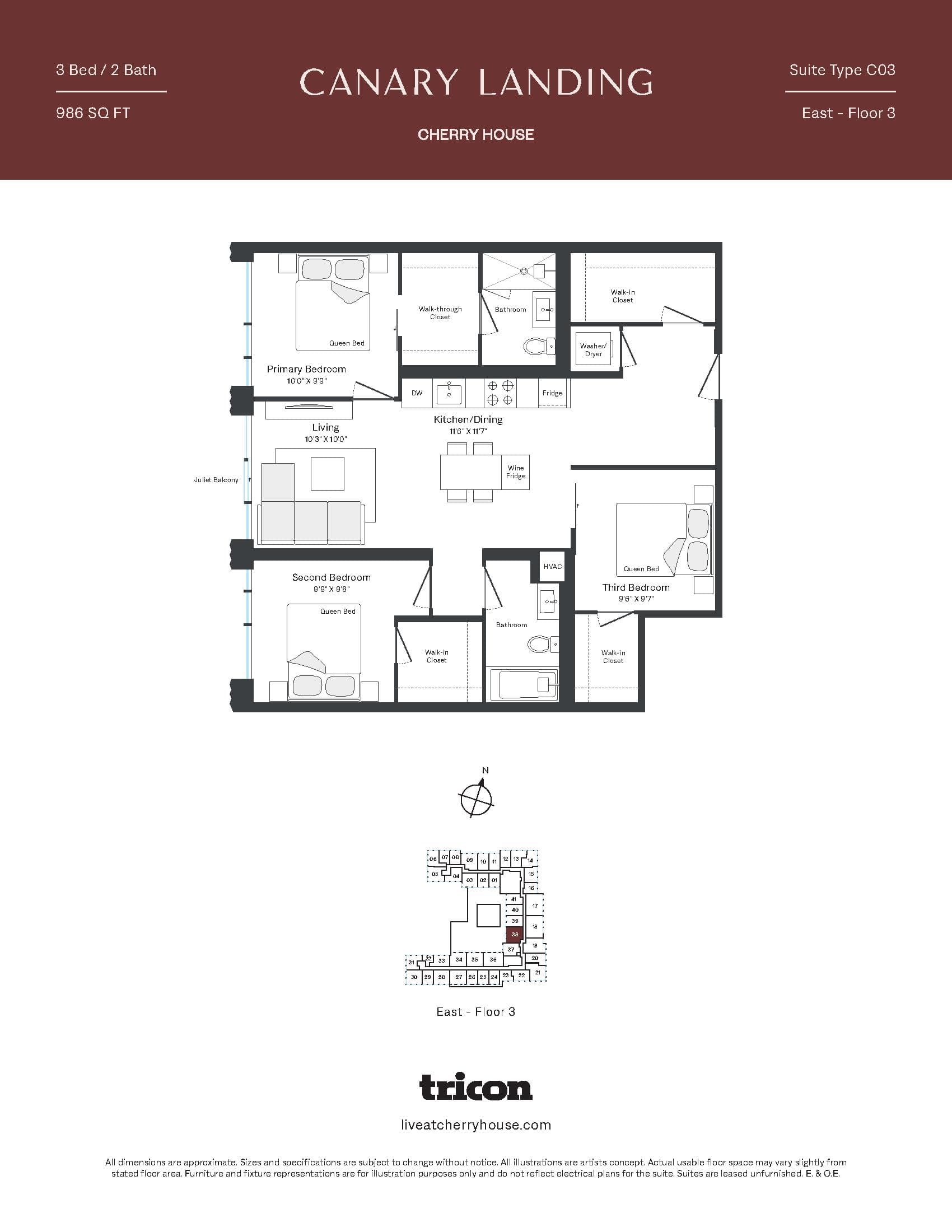 Type C03 Floor Plan at Cherry House at Canary Landing - 986 sq.ft
