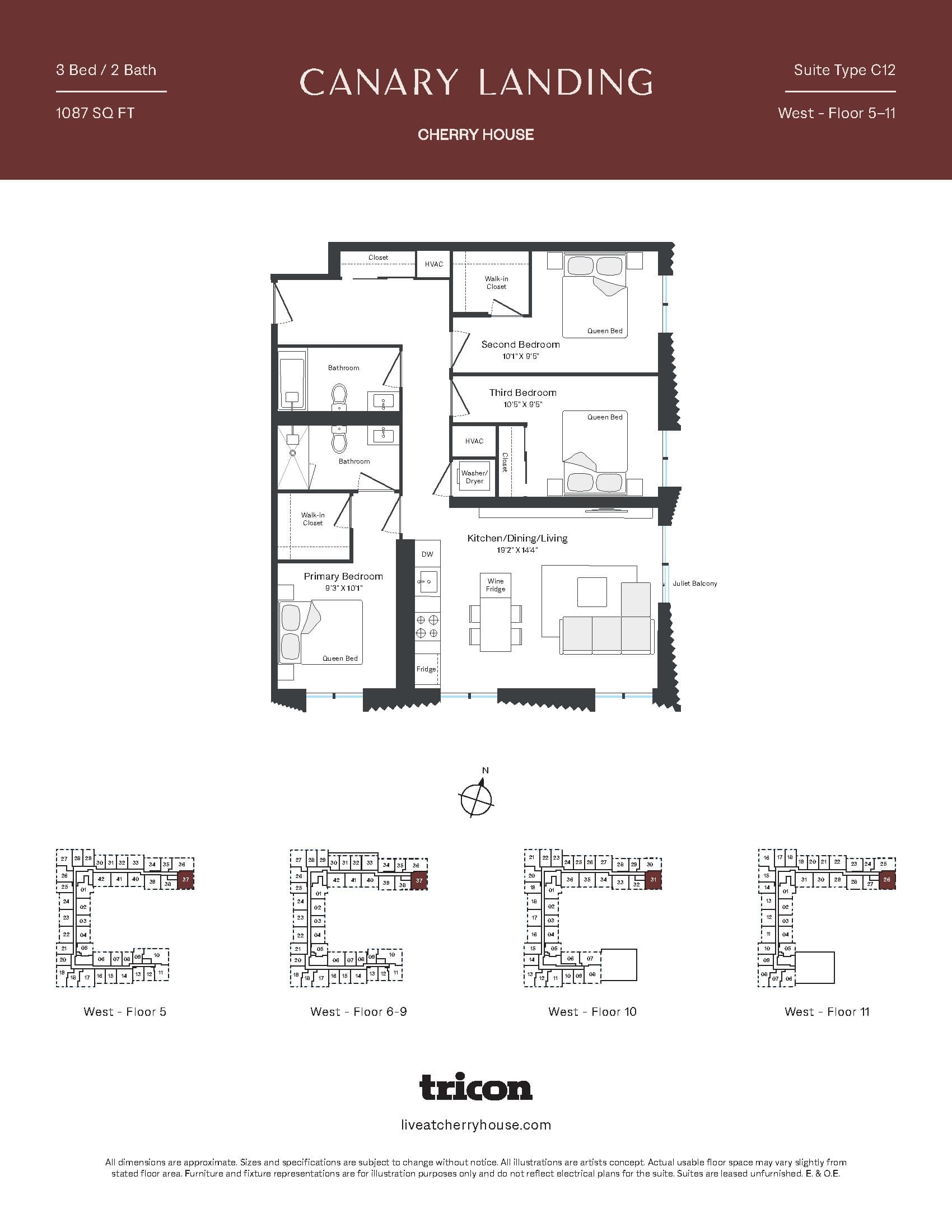 Type C12 Floor Plan at Cherry House at Canary Landing - 1087 sq.ft
