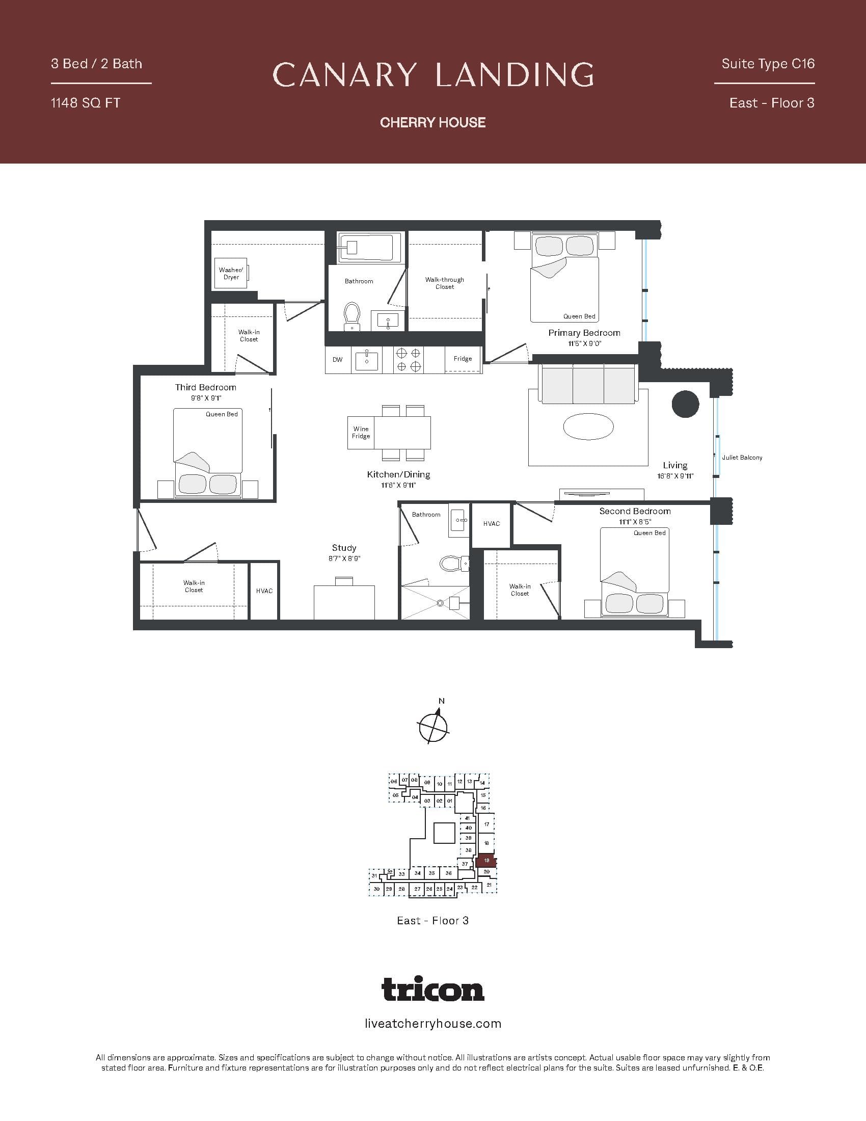 Type C16 Floor Plan at Cherry House at Canary Landing - 1148 sq.ft